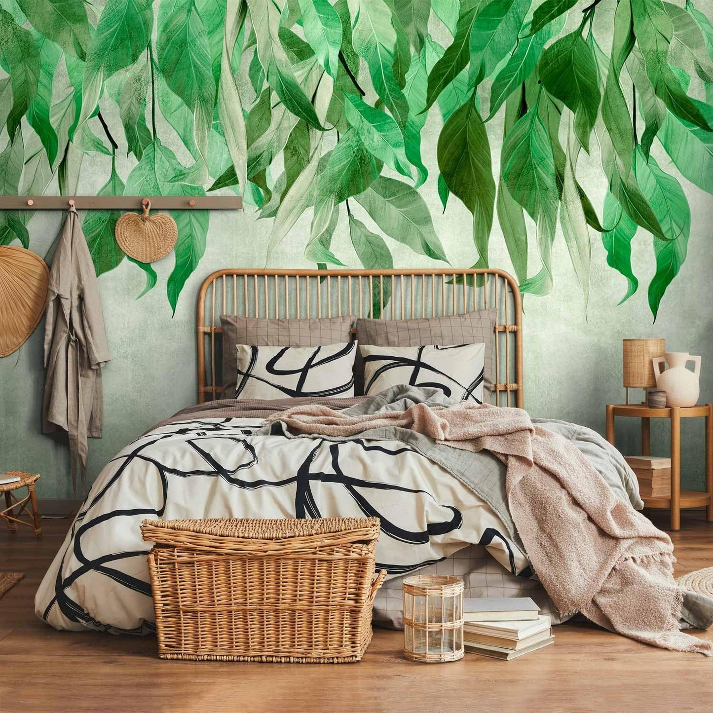 artgeist Wall Mural Hanging Leaves 98x69 in - Non-Woven Wallpaper Fleece Wall Decor Photo Print Picture Image Design Nature Botanical Concrete Green Like Painted b-C-10146-a-a