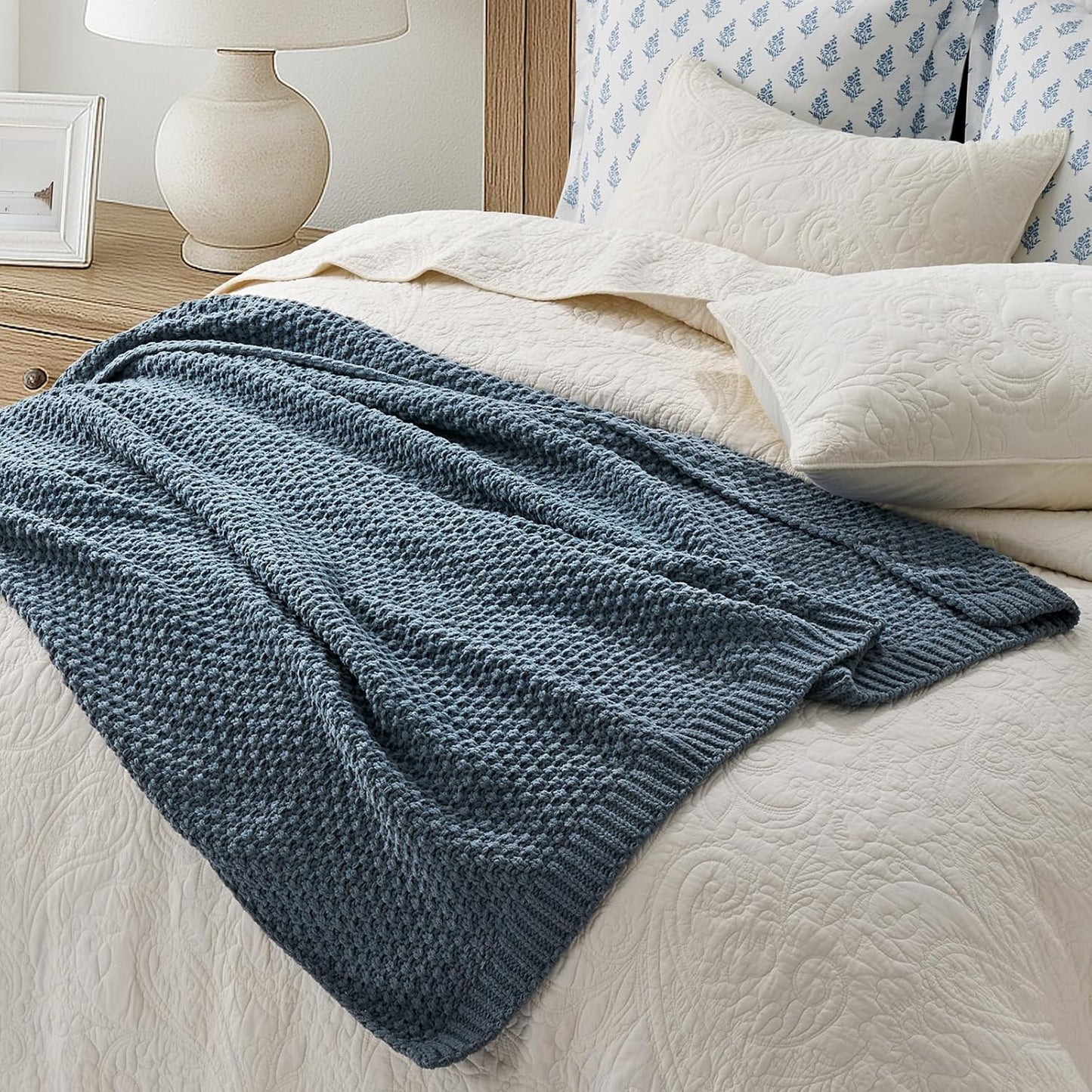 Chunky Chenille Knit Throw Blanket for Couch, Soft Luxurious Moss Stitch Blankets for Bed, Cozy Decorative Farmhouse Knitted Throws for Sofa, Stormy Blue, 60" x 80"