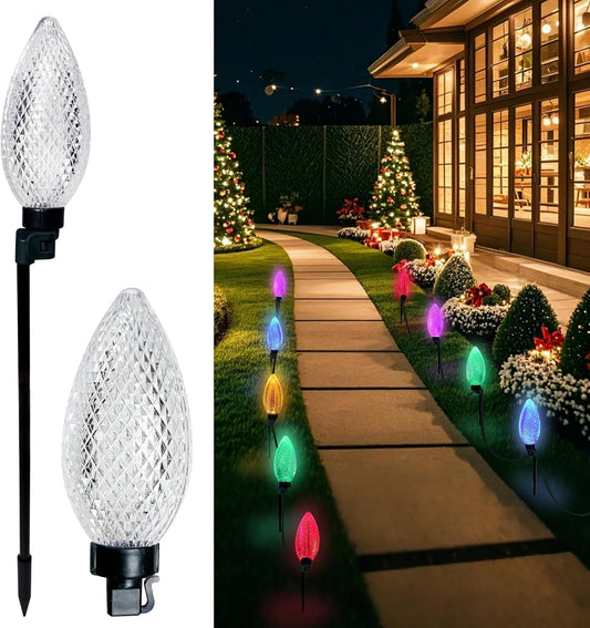 AWQ 10 LED 24.6FT Christmas Pathway Lights, Multi & Warm Color Pinecone Marker Lights with 10 Steel Stake & 11 Modes, Connectable Ground Light for Lawn, Patio, Walkway, Sidewalk (10)