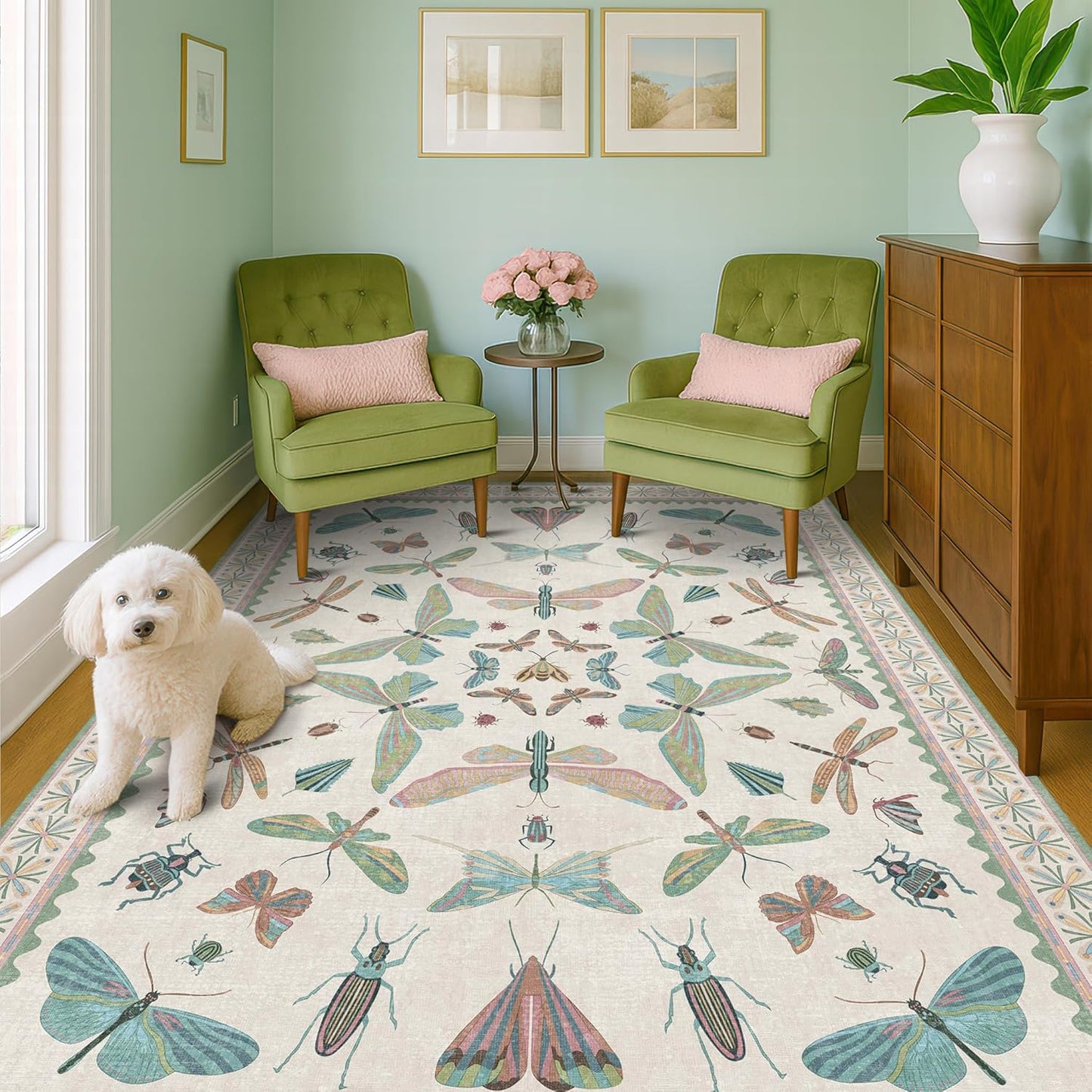 5x7 Pink and Green Nursery Rug - Colorful Rug for Bedroom, Living Room, Insect Butterfly Floral Non-Slip Soft Carpet