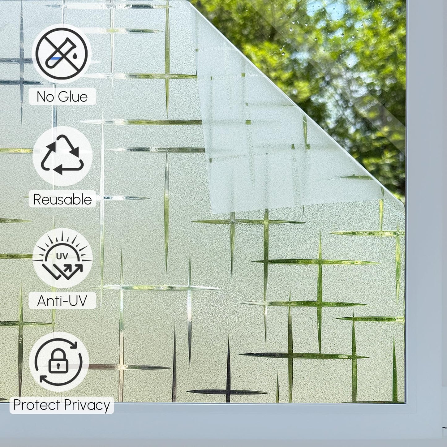 HIDBEA Window Privacy Film, Decorative Staic Cling Frosting Film, Heat Control UV Blocking Non-Adhesive Window Sticker for Home, Cross Pattern,23.6 X 78.7 Inches