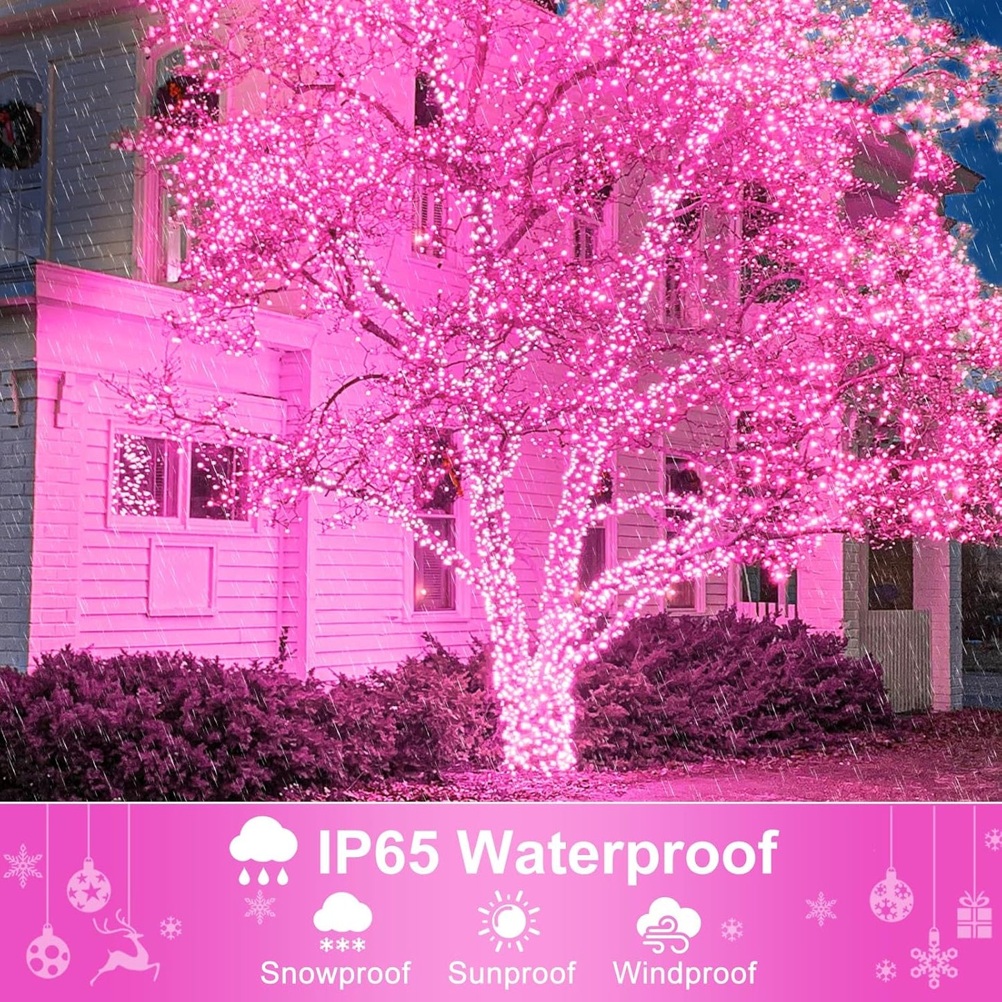 2 Pack Christmas Lights Outdoor, Total 200FT 600LED String Lights for Outside with 8 Modes Waterproof, Green Wire Twinkle Tree Lights for Indoor Room Patio Garden Party Decorations, Pink