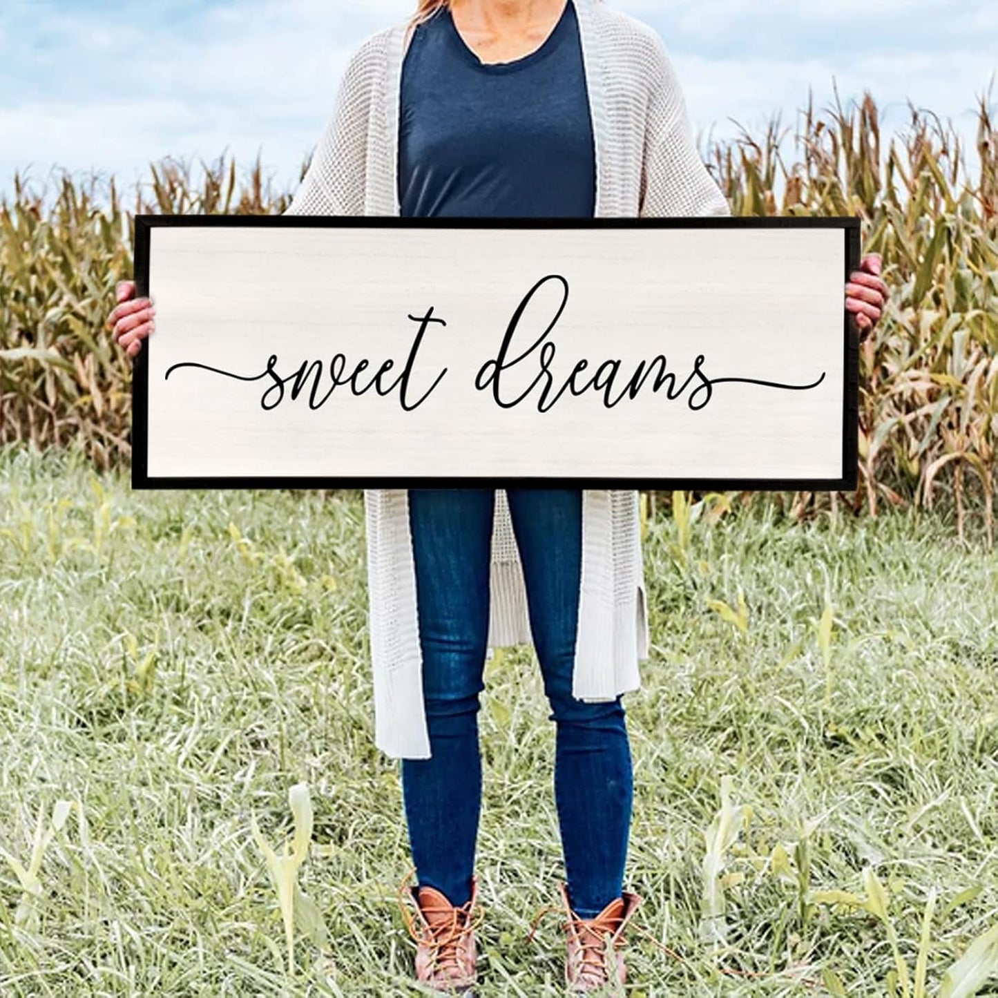 Sweet Dreams Wall Decor Above Bed 40''×15'' Master Bedroom Large Sweet Dreams Sign Farmhouse Wall Decor Guest Room Wood Rustic Framed Over Bed Wall Art Hanging Decoration (Black)