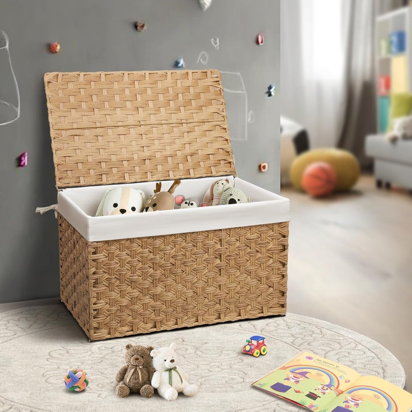 Wicker Storage Basket with Lid, 27.7 Gallon (105L) Large Blanket Basket with Lid, Woven Storage Bin with Handles, Removable Liner, Metal Frame, Foldable, for Bedroom, Laundry Room, Natural