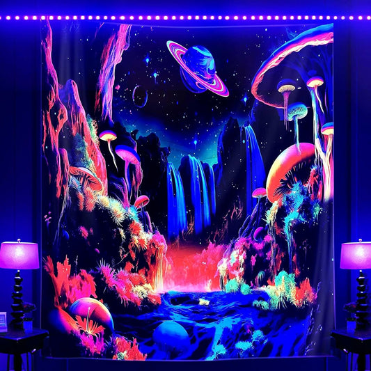 ADDWel Blacklight Mushroom Planet Tapestry, Black Fantastic Tapestry Glow In The Dark, UV Reactive Black Light Posters Wall Hanging for Bedroom Dorm Living Room Backdrop Decor