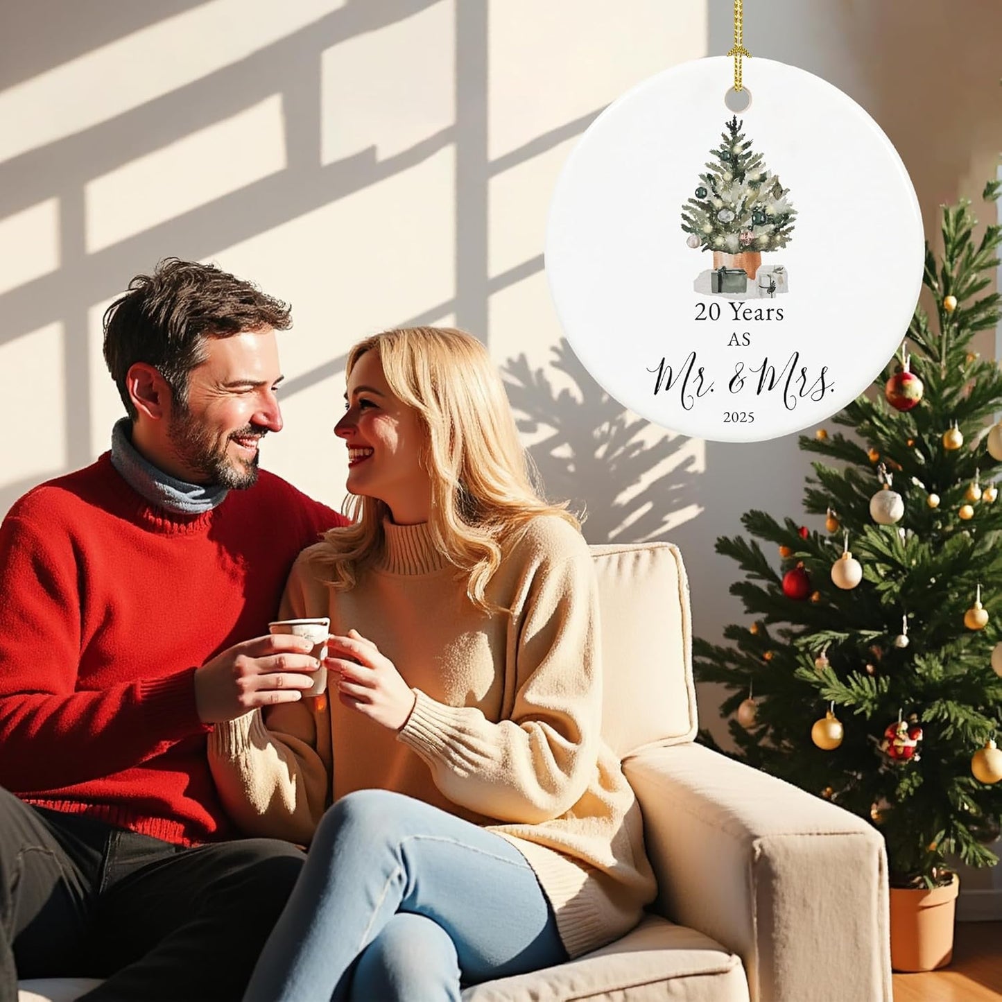 20th Anniversary Ornament Gifts for Couple, 20th Wedding Anniversary for 20 Year as Mr and Mrs Gifts, Ceramic Keepsake 20 Year Anniversary Christmas Ornaments with Ribbon and Box