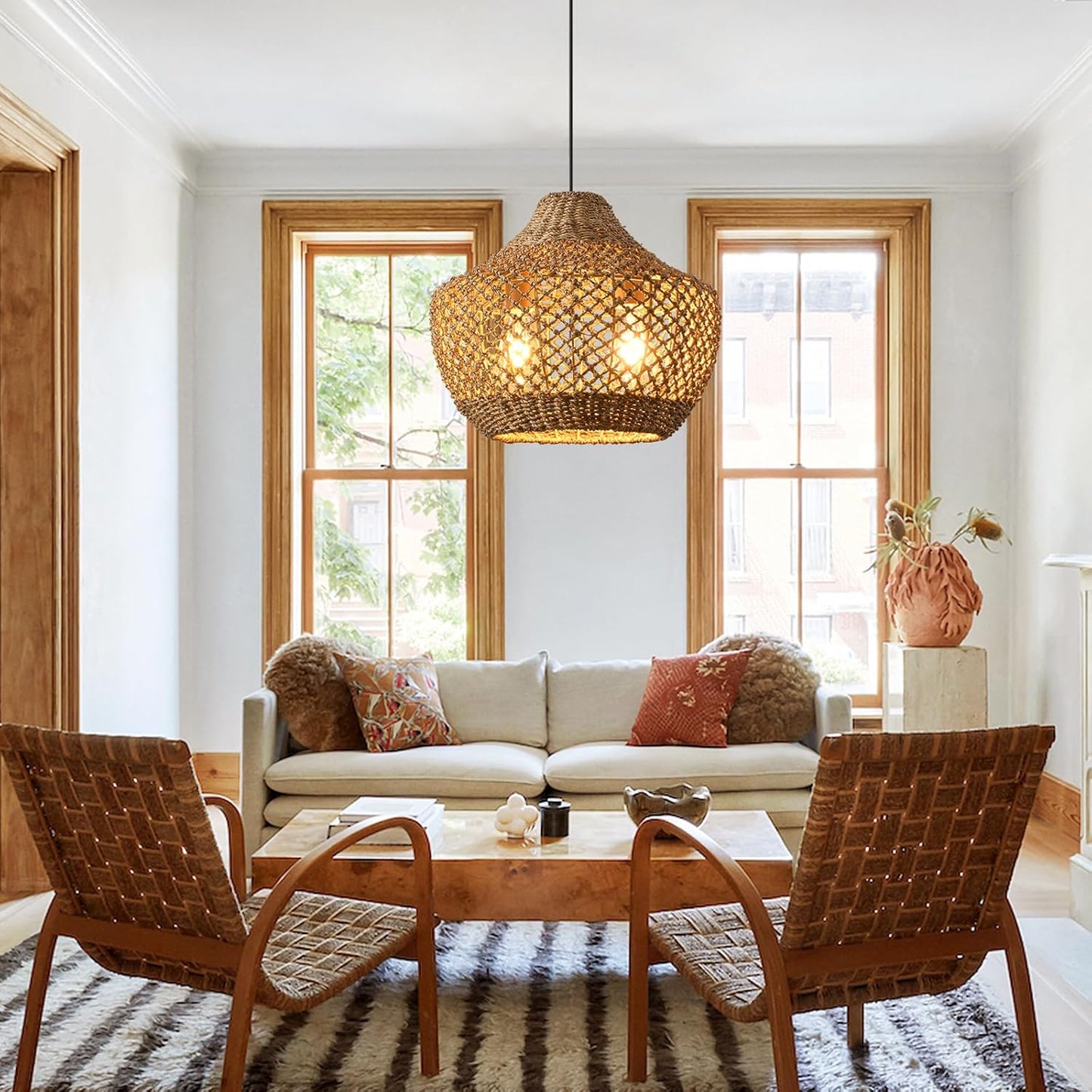 14.96” Rattan Chandelier,2- Light Boho Wicker Pendant Lights, Handmade Woven Suspension Farmhouse Ceiling Fixture for Kitchen Island Bedroom Living Room