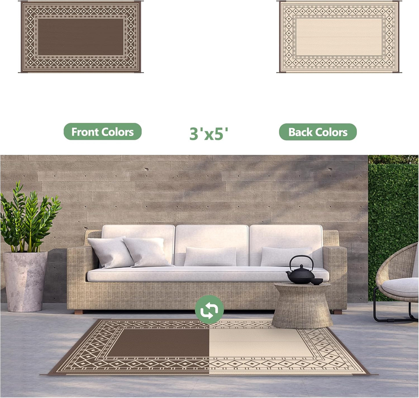 GENIMO Outdoor Rug Waterproof for Patio Decor, 3'x5' Foldable Reversible Plastic Straw Carpet for Porch, Outside Area Mat for Entryway, Rv, Deck, Picnic, Camper, Balcony, Beach, Coffee & Beige