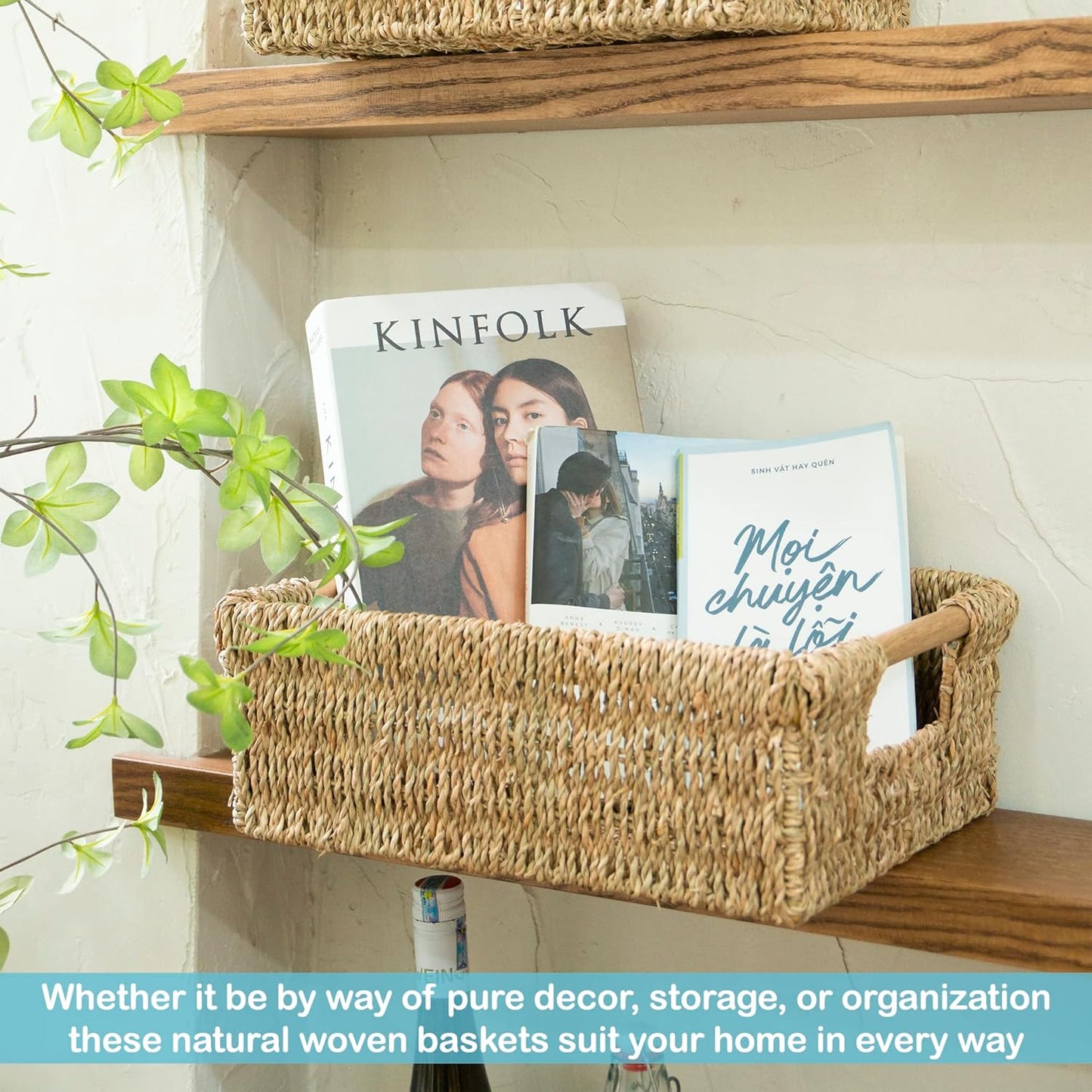 Large Natural Wicker Basket Rectangular with Wooden Handles, Seagrass Storage for Organizing, Shelves 15.5 x 10.6 x 5.5 inches