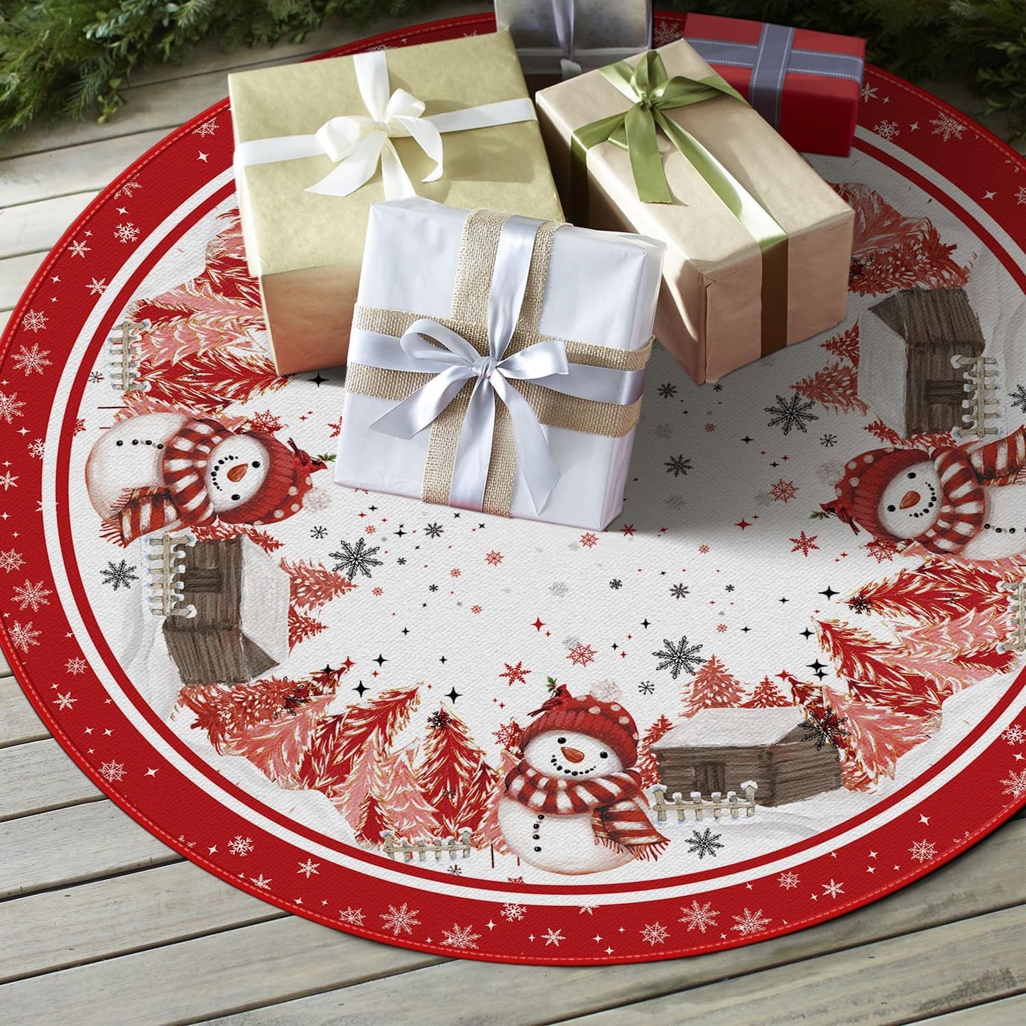 AVOIN colorlife Snowflake Snowman Cardinal Christmas Tree Skirt 48 Inch, Winter Holiday Tree Mat Decoration Red