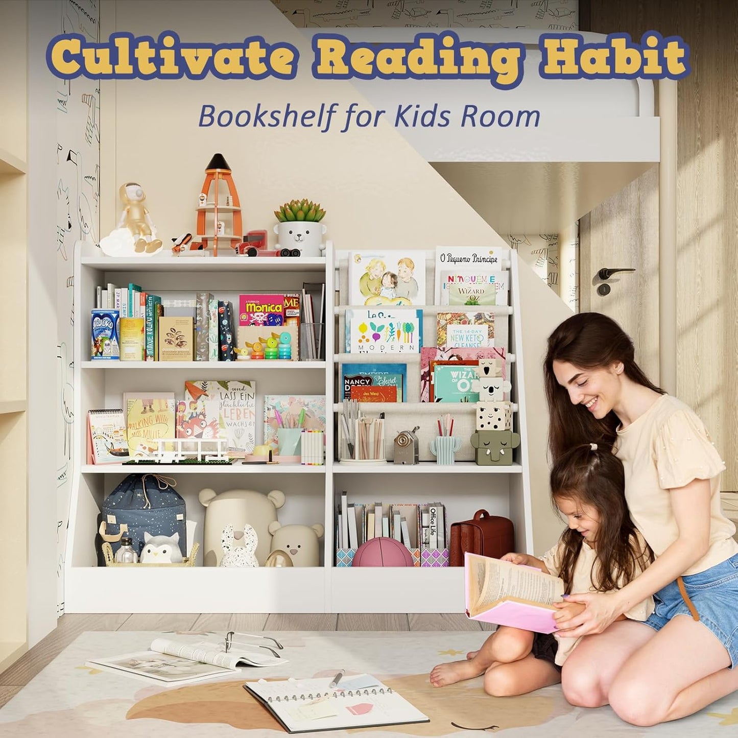 39" Large Kids Wooden Bookshelf and Toy Storage Organizer, Baby Bookcase with Sling Book Rack, Children Toddler Wooden Book Shelf for Kids Rooms, Playroom, Classroom, Nursery, School (White)