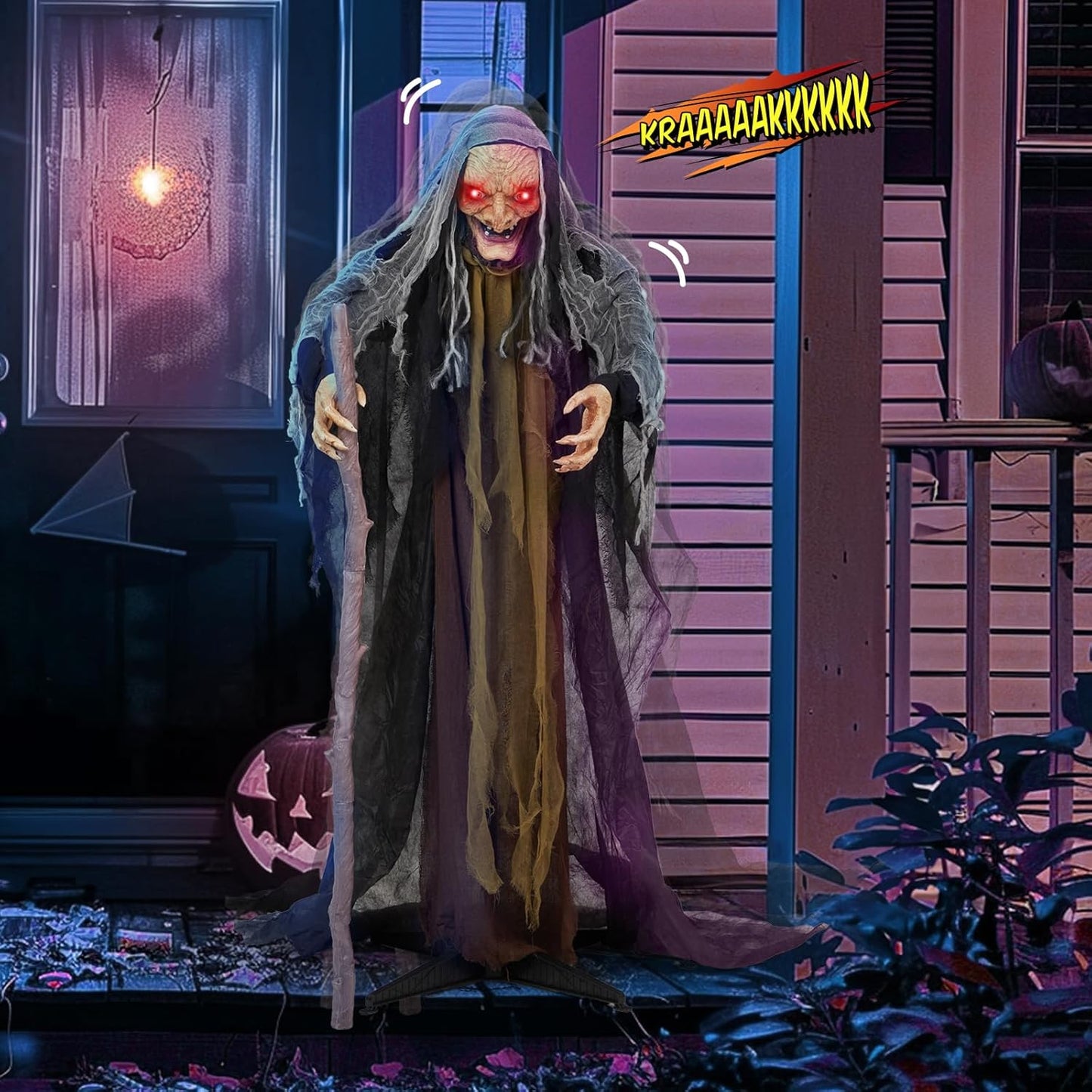 AW Animated Halloween Decorations,Scary Witch with Crutch,5.3FT Life Size Standing Clown,Motion/Sound Activated LED Eyes Creepy Sound,Haunted House Props Party Outdoor Indoor Lawn Yard Patio 2025