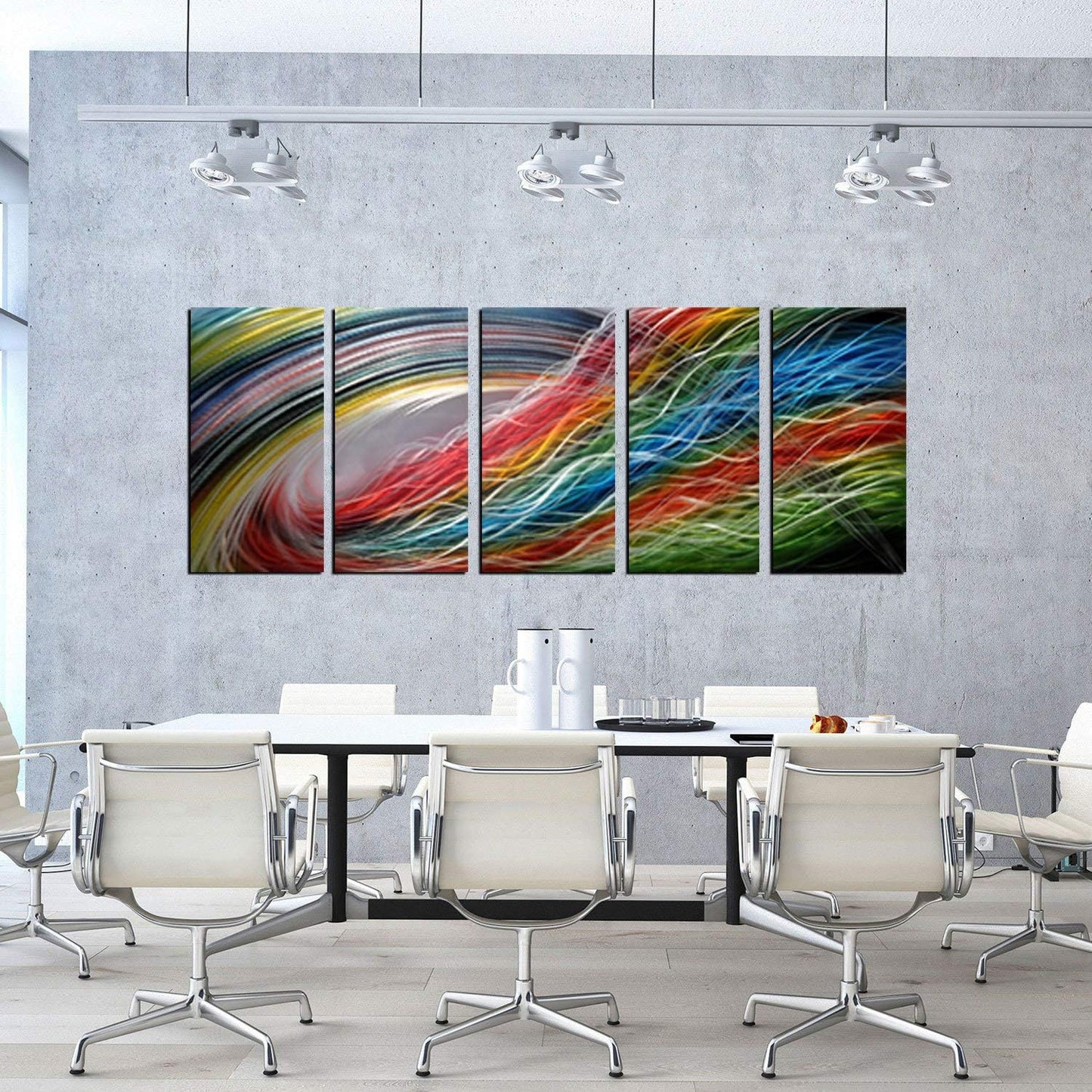 Panel Metal Wall Art with Colorful Wave Lines Design, Abstract Modern and Contemporary Décor, Unique Metal Wall Sculpture, Silver Aluminum Artwork, Indoor and Outdoor decoration, 5 panels 64"x24"