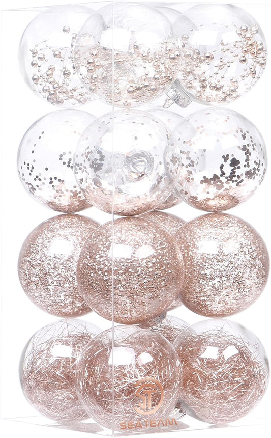 Sea Team Shatterproof Clear Plastic Christmas Ball Ornaments Decorative Xmas Balls Baubles Set with Stuffed Delicate Decorations (100mm/3.94 inch 16-Pack, Rose Gold)
