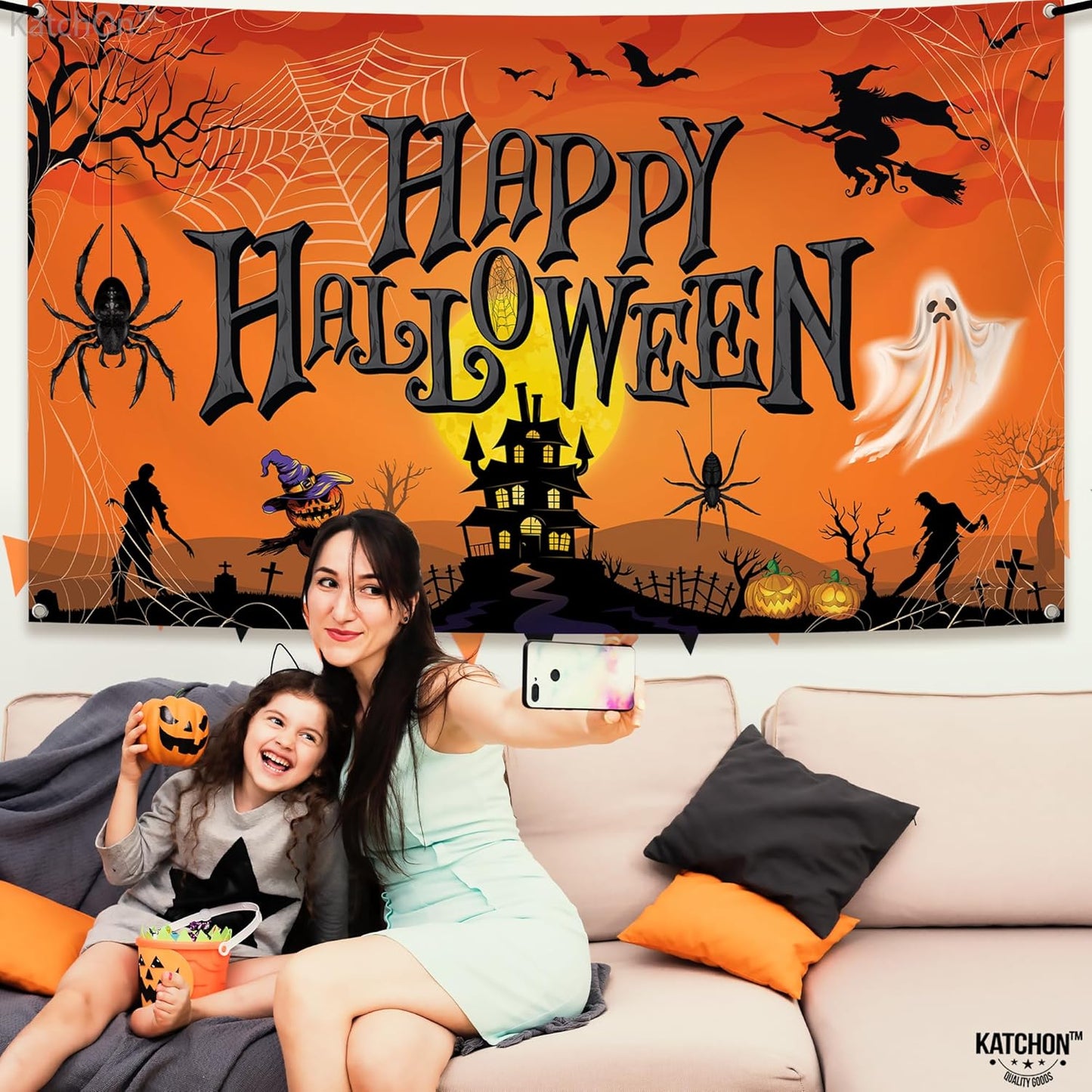 KatchOn Orange Happy Halloween Banner - XtraLarge 72x44 Inch | Pumpkin Backdrop for Party Decorations & Photography