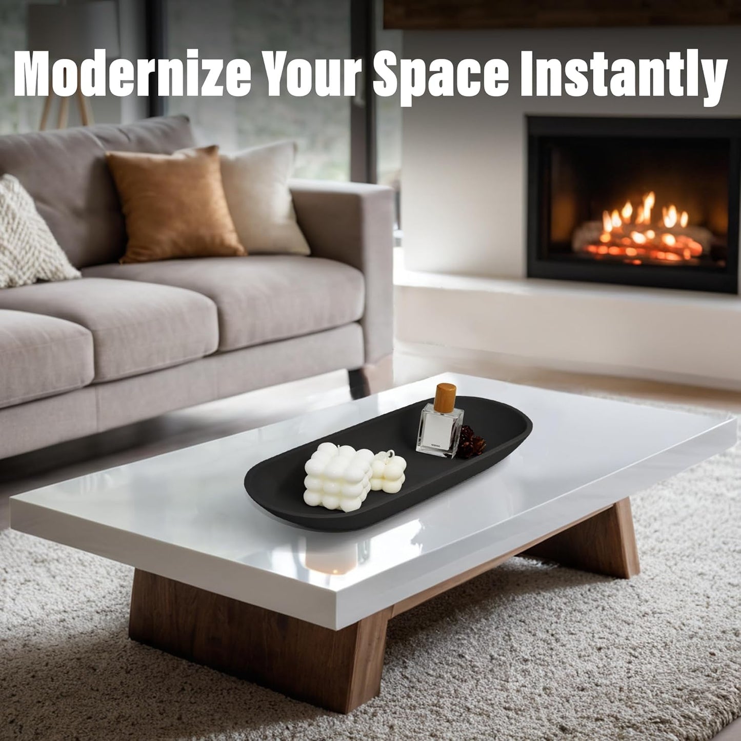 Large Decorative Bowl for Home Decor - Long Dough Bowl with Anti Slip Base for Table Centerpieces - Black Minimalist Design Dough Decor Bowl for Coffee Table, Dining Table Centerpiece