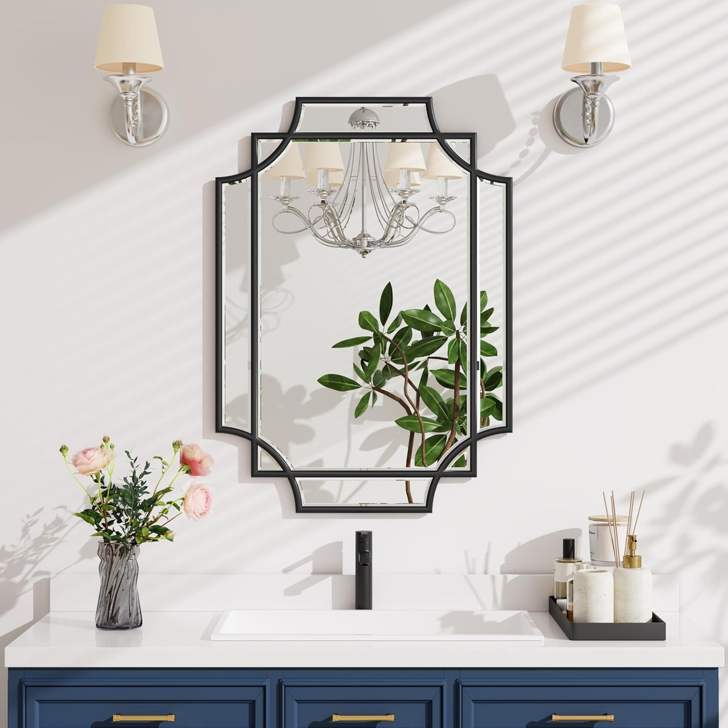 Bathroom Mirror for Wall Black Farmhouse Wall Vanity Mirror for Over Sink Wood Framed Beveled Mirrors Deco（20 * 28IN/Black）