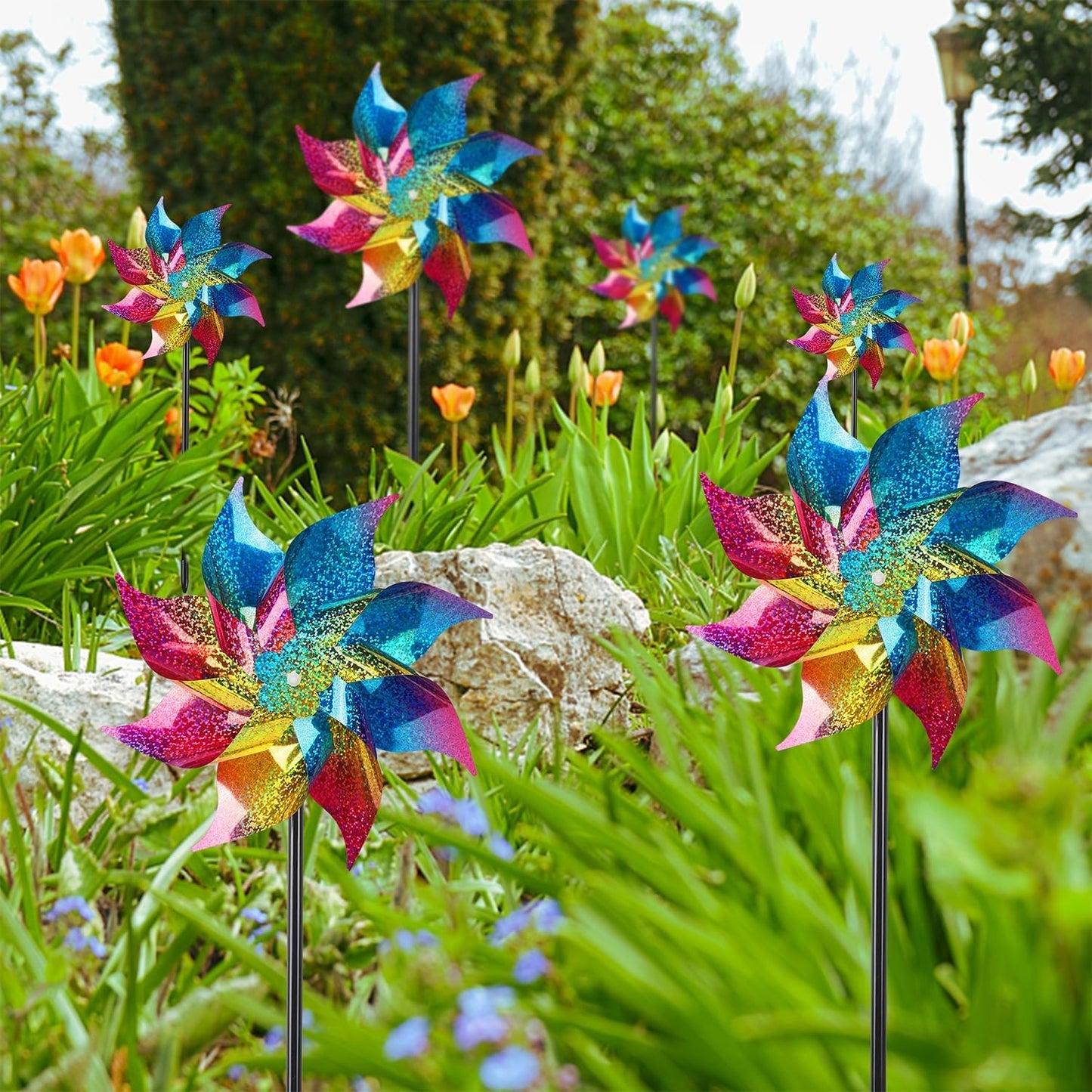 Hausse 10 Pack Reflective Pinwheels Wind Spinner, Extra Sparkly Rainbow Pinwheel with Stakes, Bird Repellent Blinder Devices Deterrent to Scare Birds Away from Yard Patio Farm Garden, Colorful