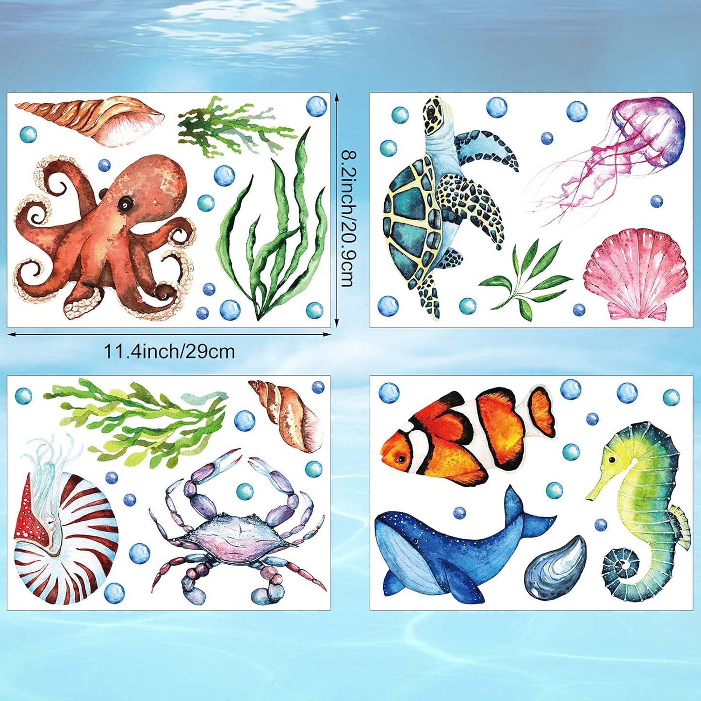 52 Pcs Ocean Fish Wall Decals Glow in The Dark Under The Sea Wall Decals Sea Animals Stickers Removable Waterproof Peel and Stick for Kids Bathroom Watercolor Ocean Decor(Funny Style)