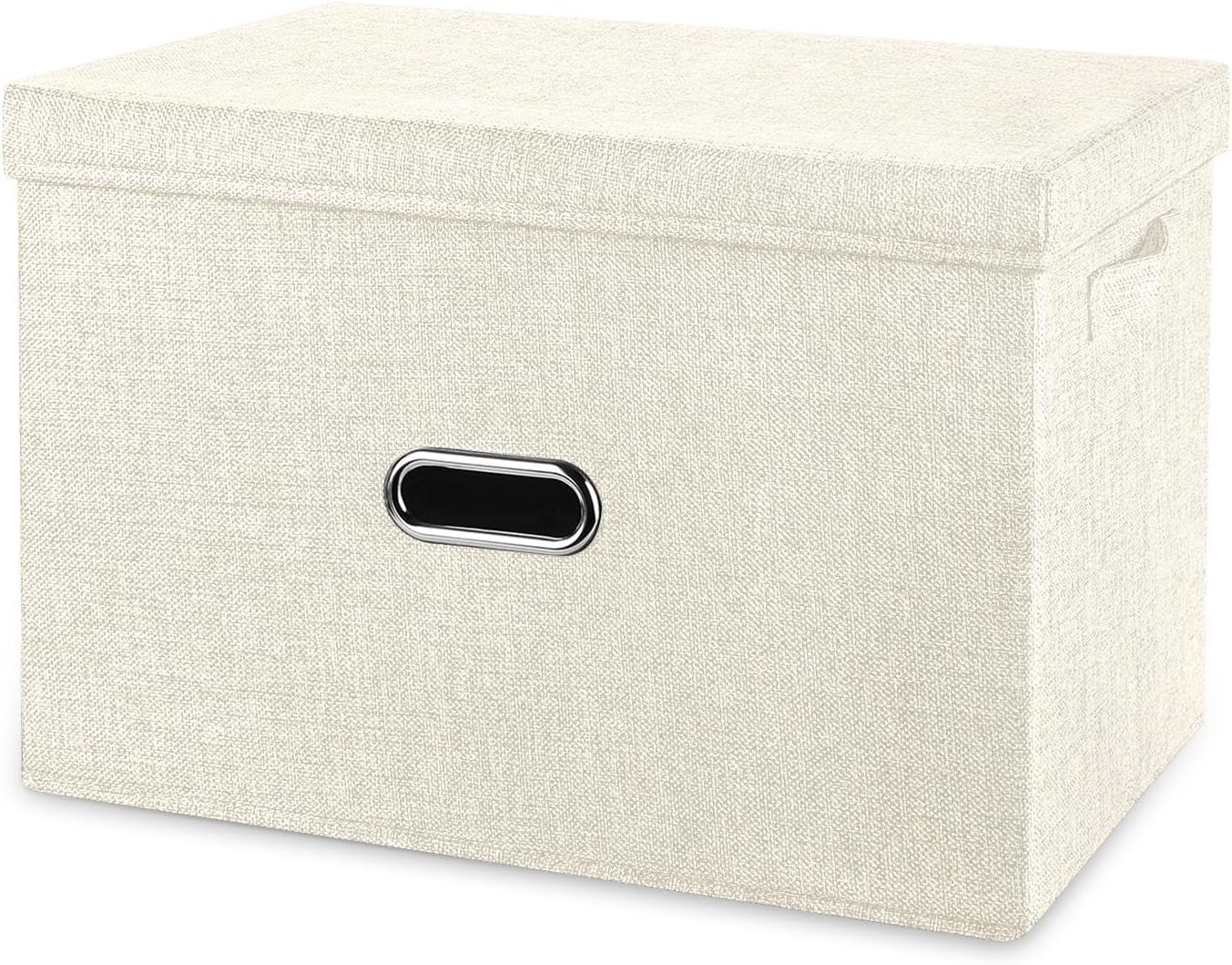 Large Linen Fabric Foldable Storage Bins with Removable Lid and Handles, Washable Storage Box Organizer Containers Baskets Cube with Cover for Bedroom,Office(Cream, Large)