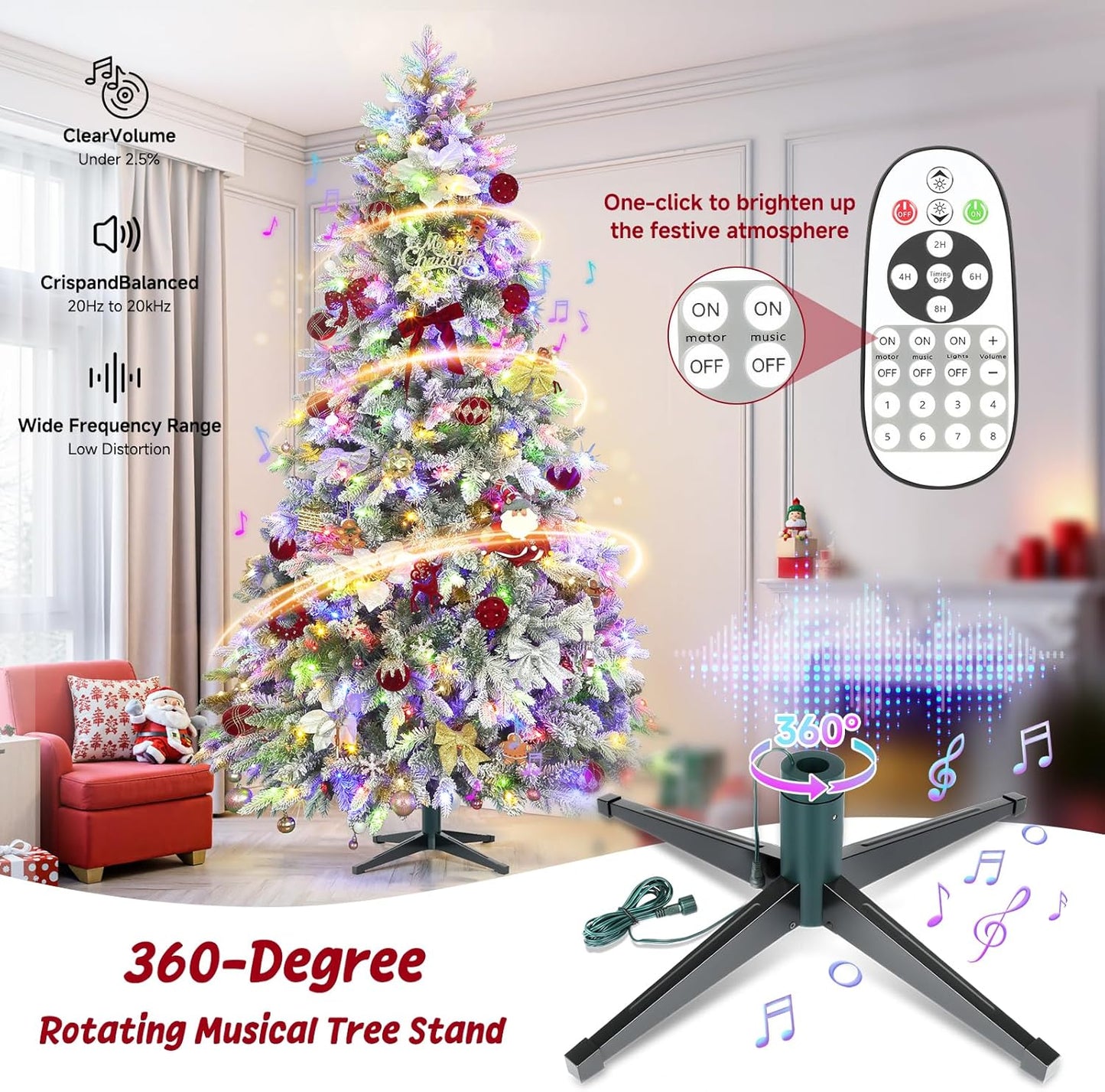 9ft Pre-lit Artificial Christmas Tree with Remote, Snow Flocked Xmas Trees Rotating & Foldable Stand, RGB & Warm White Light for Home Decor