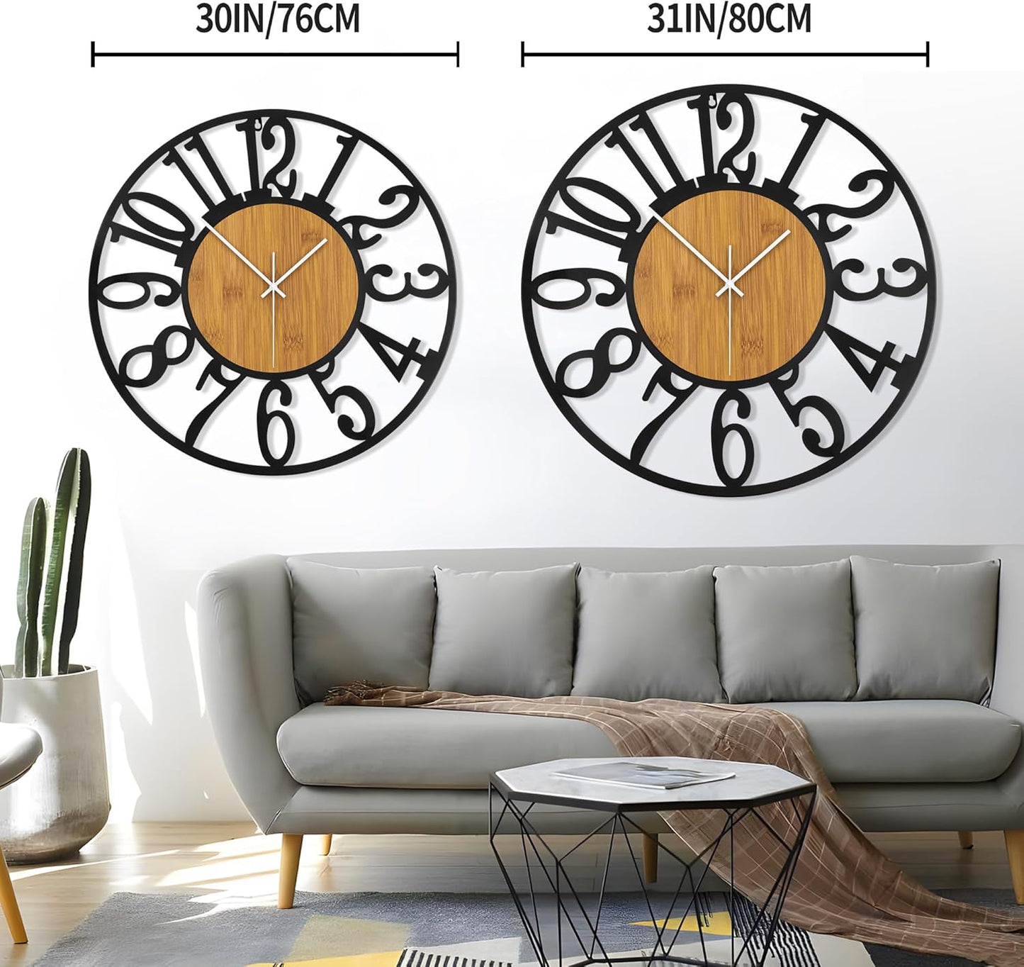 LEIKE 30" Oversized Large Wall Clocks,Silent,Non Ticking,Battery Operated Modern Round Big Wood Decorative Metal Wall Clock for Living Room, Bedroom,Kitchen,Farmhouse,Office Decor - Black,30 Inch