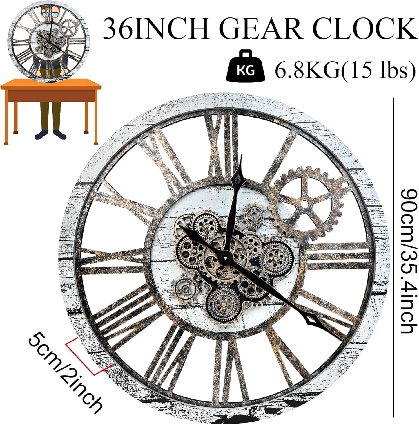 The B-Style 36" Large Moving Gear Wall Clock Oversized Vintage Farmhouse Wall Clocks for Living Room Decor Rustic Industrial Wood Clock (Gray White and Bronze Gears)