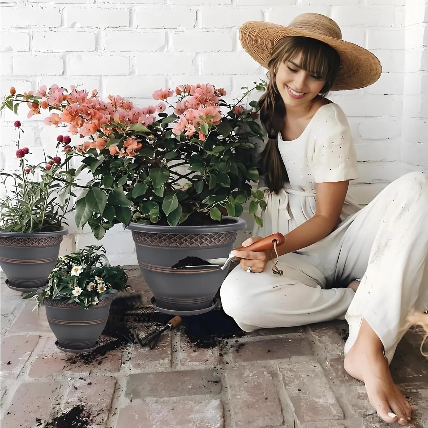 6 Pack 8 Inch Plant Pots, Plastic Flower Pot for Indoor & Outdoor with Drainage Holes & Saucer, Plaid Pattern Planters Garden Pots for Herbs