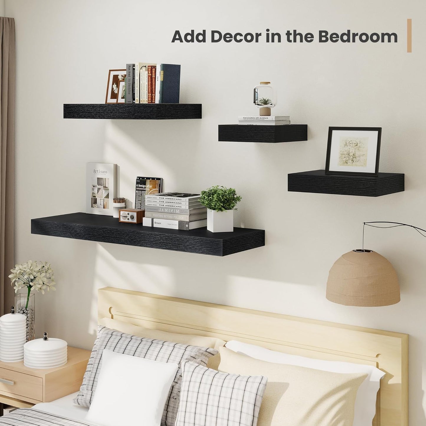 Heimlove 12 Inch Deep Floating Shelves, 16 x 12 inches Long Wall Shelf, Large Extra Display Shelf & Storage Shelf, Rustic Wood Wall Shelves for Fireplace Mantel, Black - 2Pack