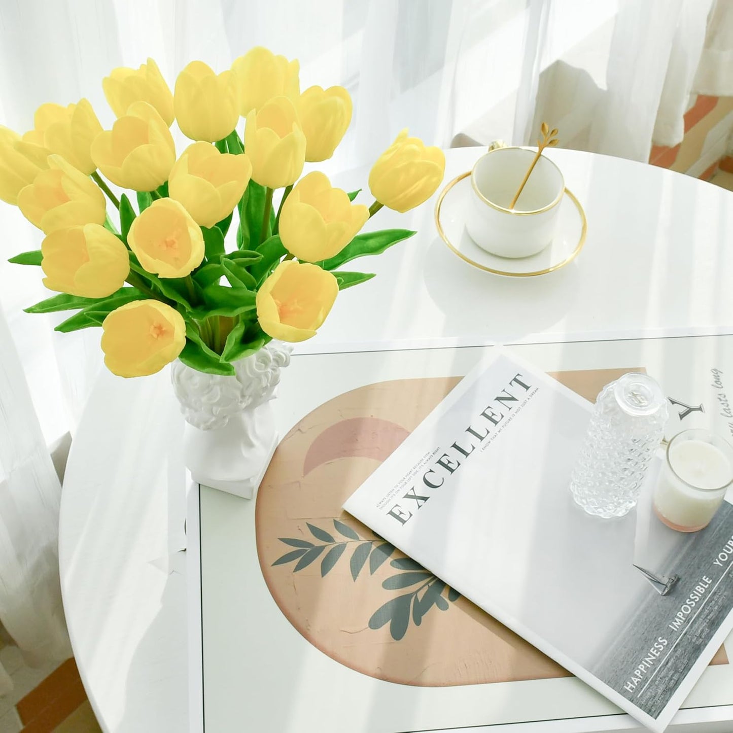 Mandy's Artificial Tulips 12 Stems Yellow Partially Open PU Faux Flowers for Wedding Home Decor 13.5 Inch