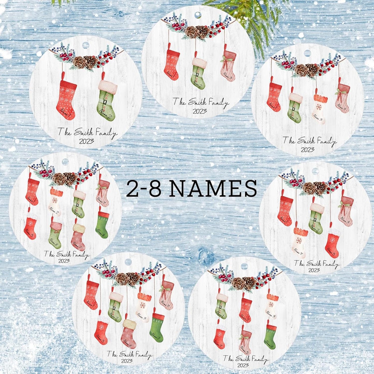 Personalized Family Christmas Ornaments 2025,Double-Sided Ceramics Custom Christmas Stocking Tree Ornament - Up to 8 Names,Customize Names for Each Family Member - Hanging Customized Xmas Ornaments