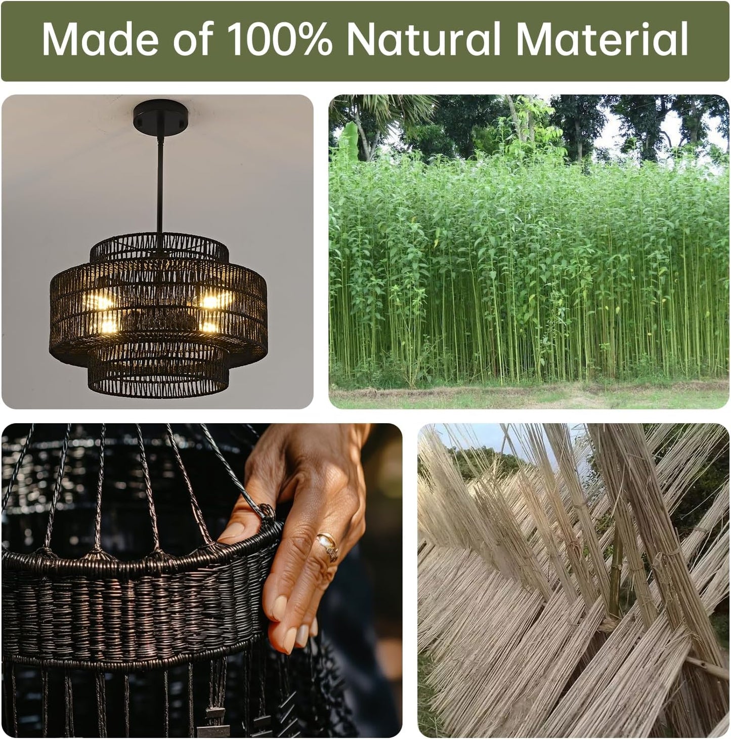 4-Light Black Boho Rattan Chandelier Light Fixture, 17.7” Hand Woven Rustic Chandeliers Farmhouse Chandelier Hanging Light for Dining Room Kitchen Island, Living Room, Foyer