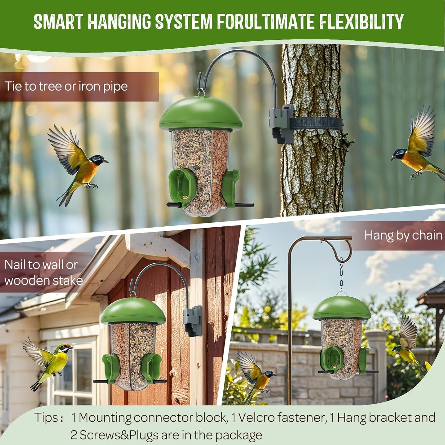 LONA Bird Feeders for Outdoors Hanging – 3 Separate Compartments, 3 Feeding Ports, Weatherproof Dome & 3 Ways to Hang, Large Capacity for Cardinals/Finches (Green，Plus
