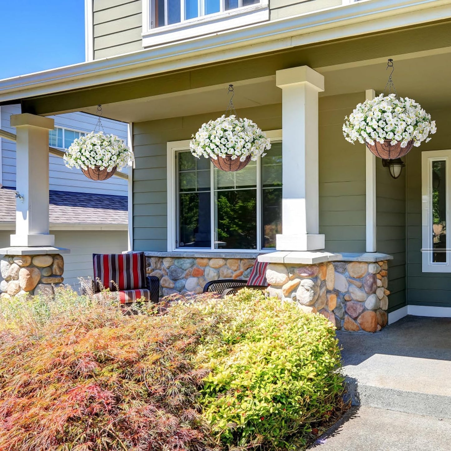 Ivydale Artificial Fake Hanging Flowers Plants Baskets for Outdoor Spring Summer Decoration, Faux Silk White Morning Glory Look Real UV Resistant for Outside Porch Patio Balcony Yard Front Door Garden