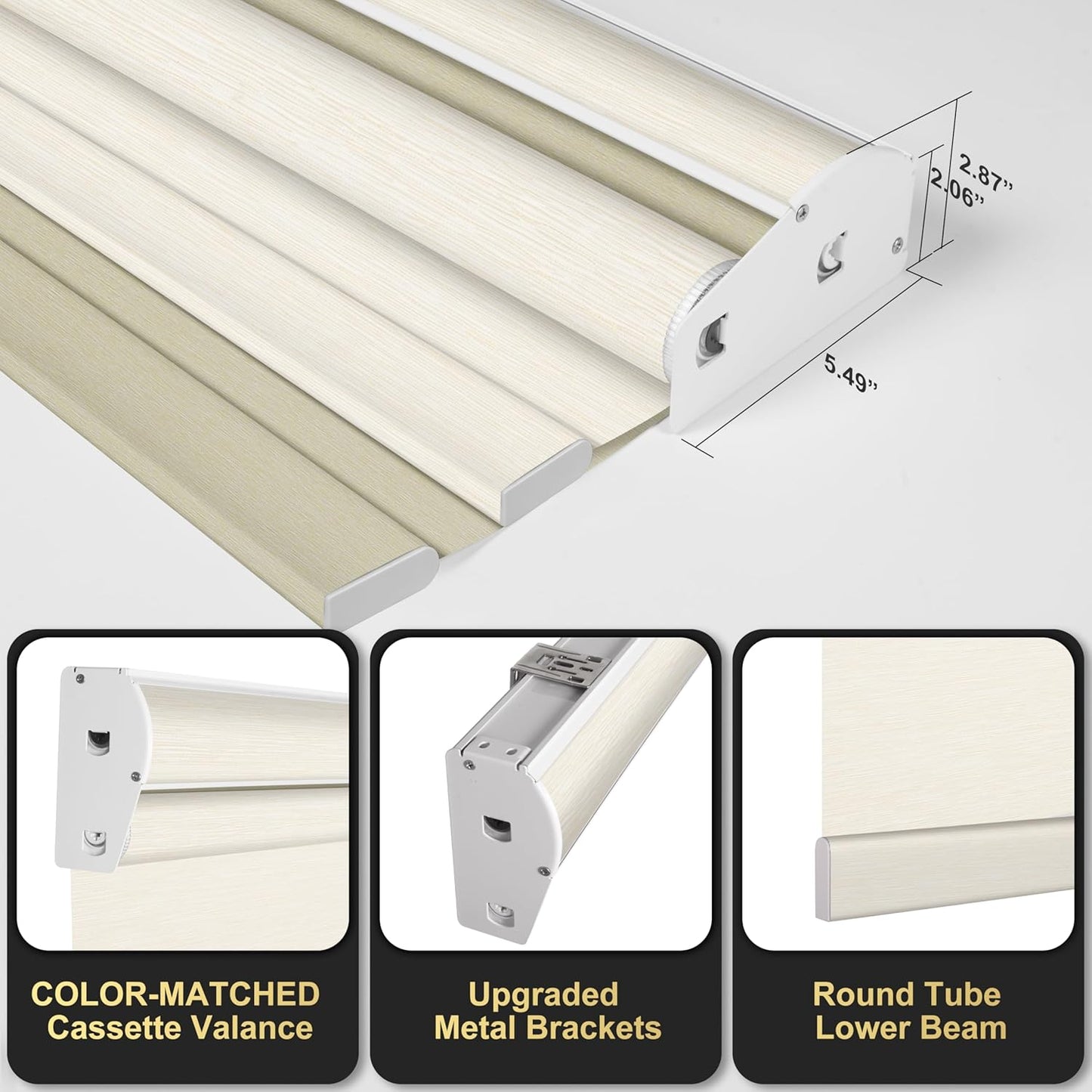 BERISSA Cordless Dual Roller Shades with Cassette Valance, Double Window Shades - Blackout and Light Filtering - Day and Night for Home Office Door. Striped Jacquard Beige. 63 W x 48" H