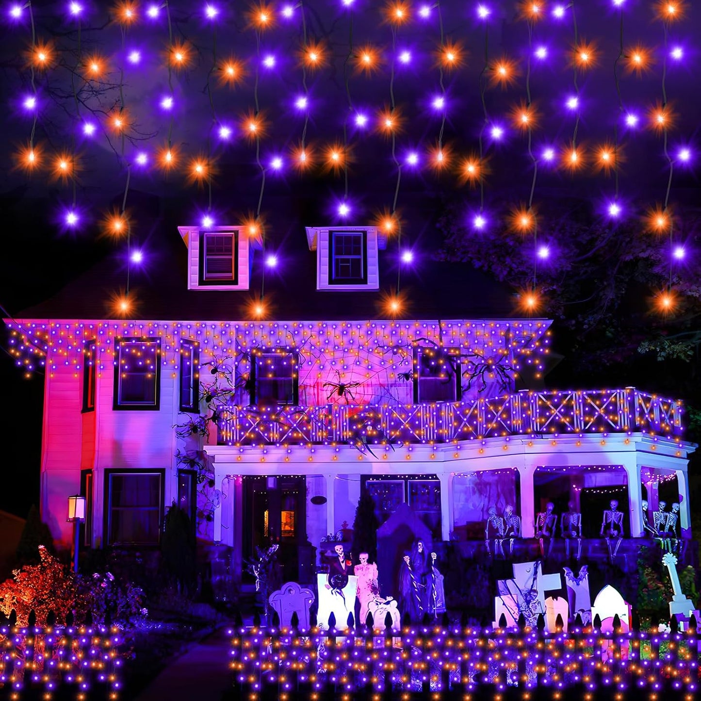 Heceltt Halloween Lights Outdoor, Orange and Purple 39FT 480LED Halloween String Lights with 90 Drops, 8 Modes Timer Memory Function, Night Light for House Roof Party Decor