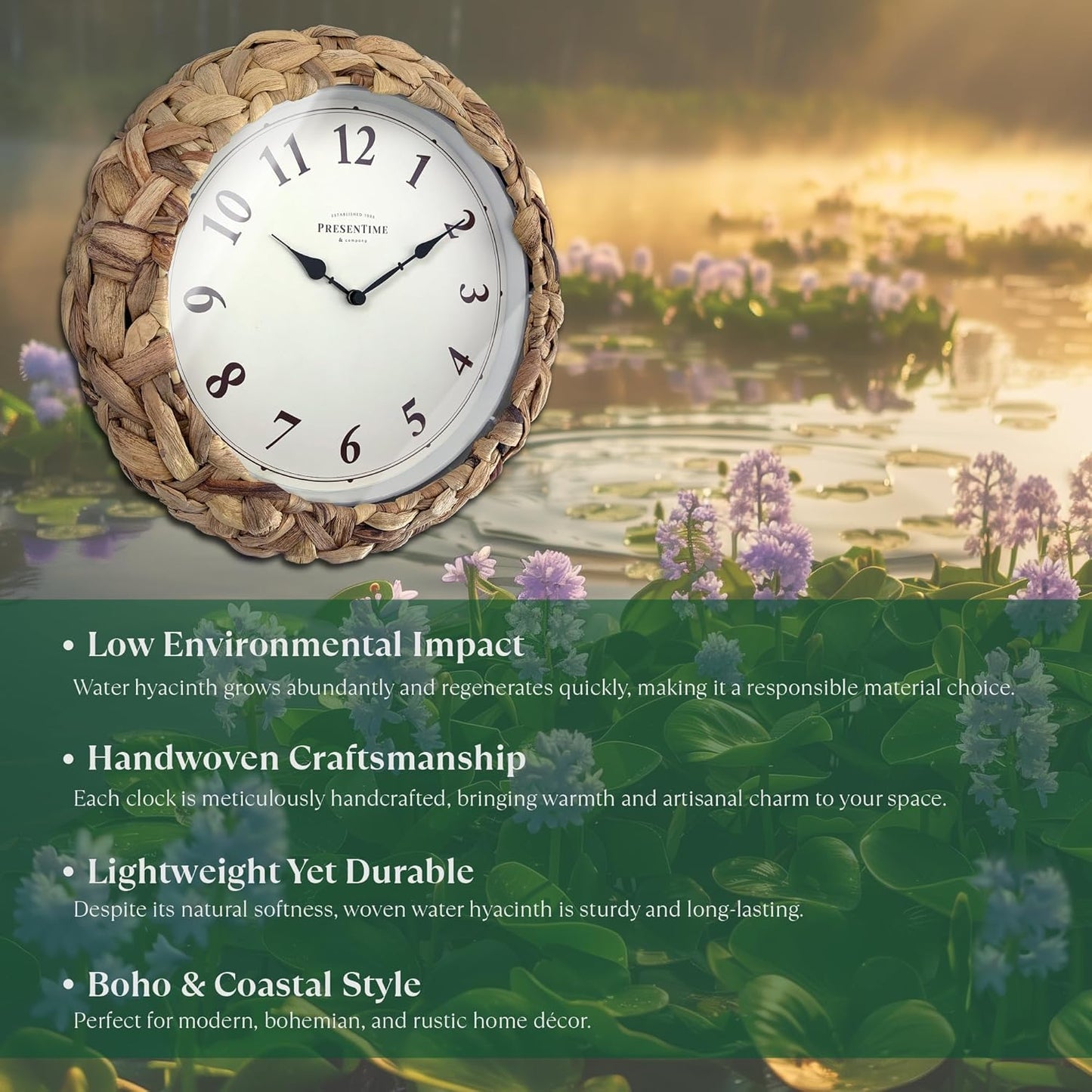 Presentime & Co Farmhouse Series, Rustic Woven Clock, 10.5 inch, Natural Woven Water Hyacinth/Sea Grass. Wall Sculpture, Wall Art and Timepiece for Home Decoration/Decoration/Farmhouse Décor.