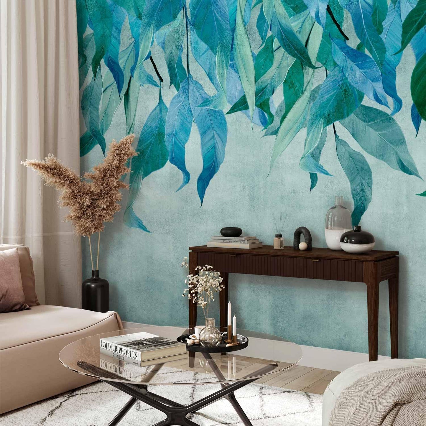 artgeist Premium Wall Mural Hanging Leaves 197x138 in - Non-Woven Wallpaper Fleece Wall Decor Photo Print Picture Image Design Nature Botanical Concrete Green Blue b-C-10146-a-b
