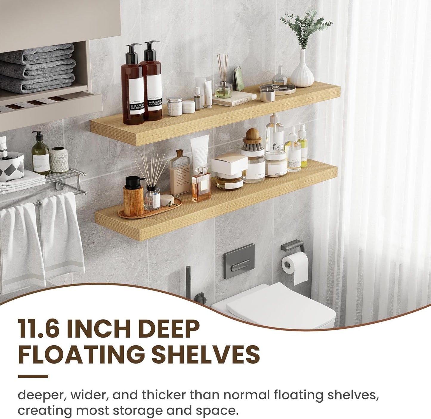 48 Inch Floating Shelves, 12 Inch Deep Floating Shelves for Wall, Large Floating Shelf with Invisible Brackets, Deep Shelves for Bathroom, Bedroom, Living Room, 1 Pack, Natural