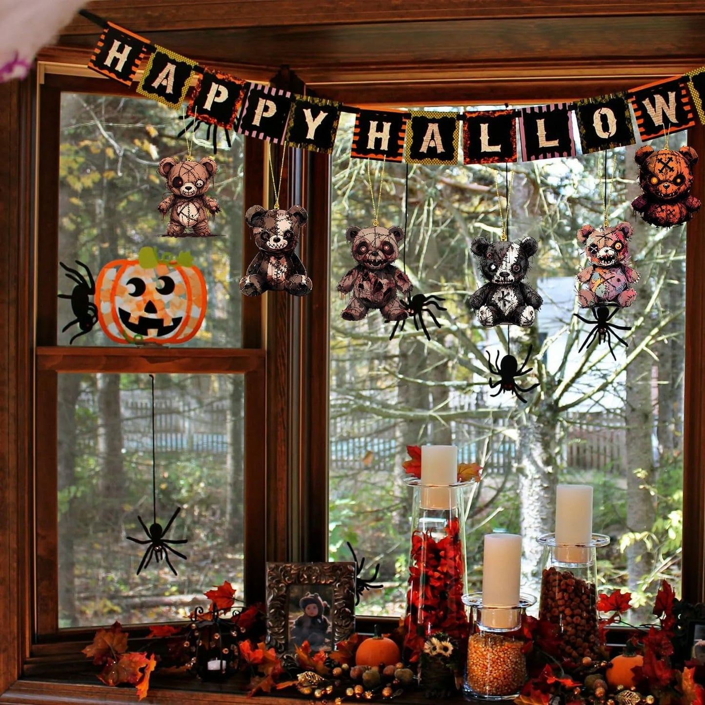 Halloween Tree Decoration, 6 Pcs Cute Acrylic Pendant, Terror Cartoon Bear Halloween Accessories, Funny Cartoon Christmas Tree Ornaments for Mini Decorations Indoor Outdoo