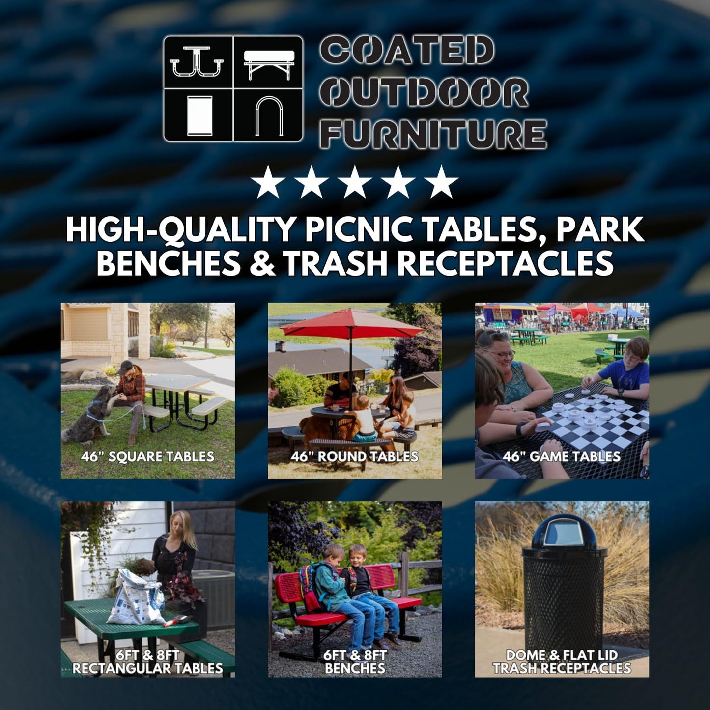 Heavy-Duty Portable Outdoor Picnic Table with Umbrella Hole, Expanded Metal Patio Dining Furniture Made in America (46" Round Top, Light Blue)