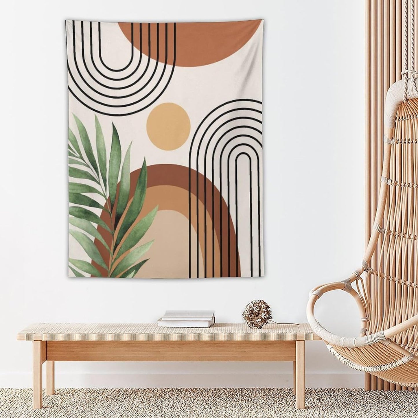 Abstract Bohemian Mid Century Tapestry, Tropical Leaves Modern Geometric Archway Minimalist Bohemian Botanical Aesthetic Wall Hanging, Sage Green Gold Home Decor Art for Bedroom 30x40 Inch