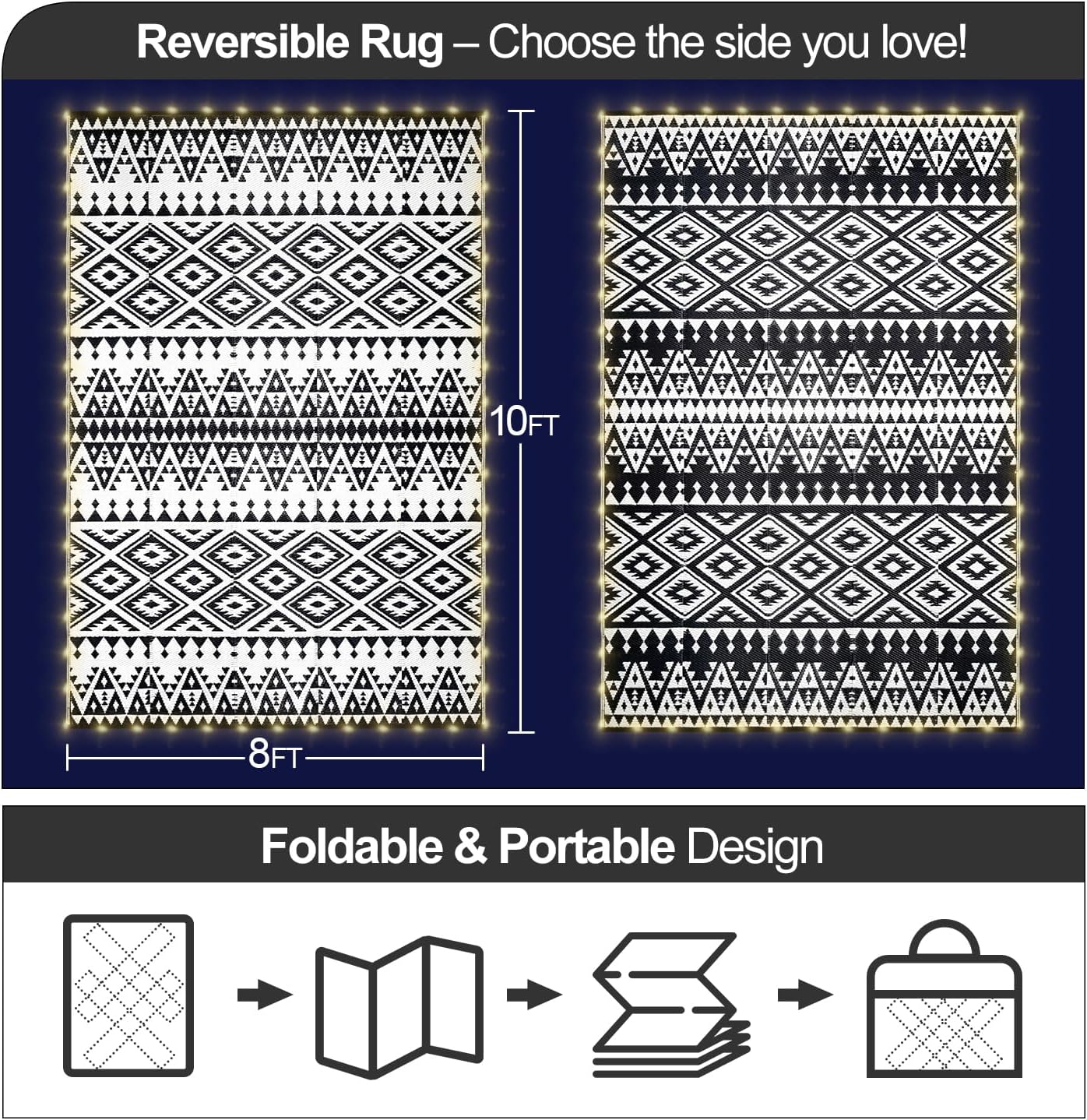 8x10ft Waterproof Outdoor Rug with LED Lights, Bohemia Reversible Plastic Straw Mat for Patio RV Camping Picnic Balcony Beach Deck Indoor Outdoor Carpet, Black&White