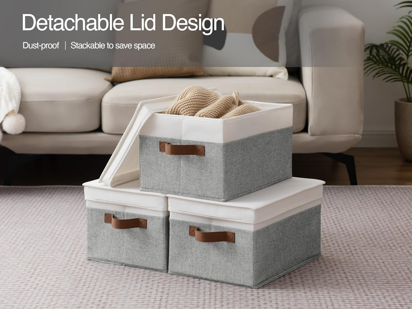 StorageWorks Large Storage Bins with Lids, Decorative Storage Boxes with Lid and PU Handles, Foldable Storage Baskets for Closet, Shelves, Stackable, Gray and White, 3-Pack