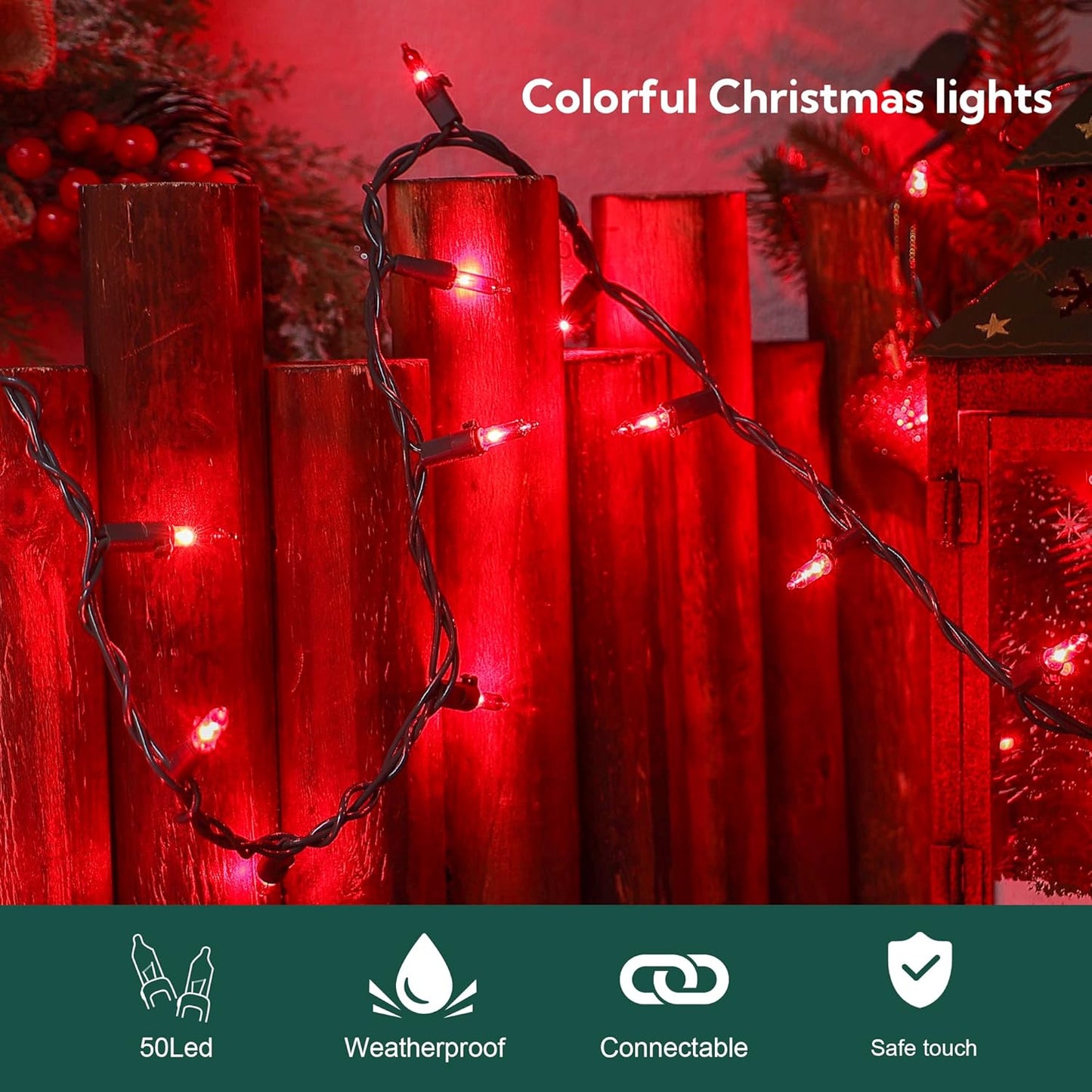 50-Count Red Valentine's Day Lights with Green Wire Waterproof,Mini String Lights for Holiday Decorations, Christmas Tree, Party, Wedding, Xmas, Home, Indoor & Outdoor Use (13ft Long)