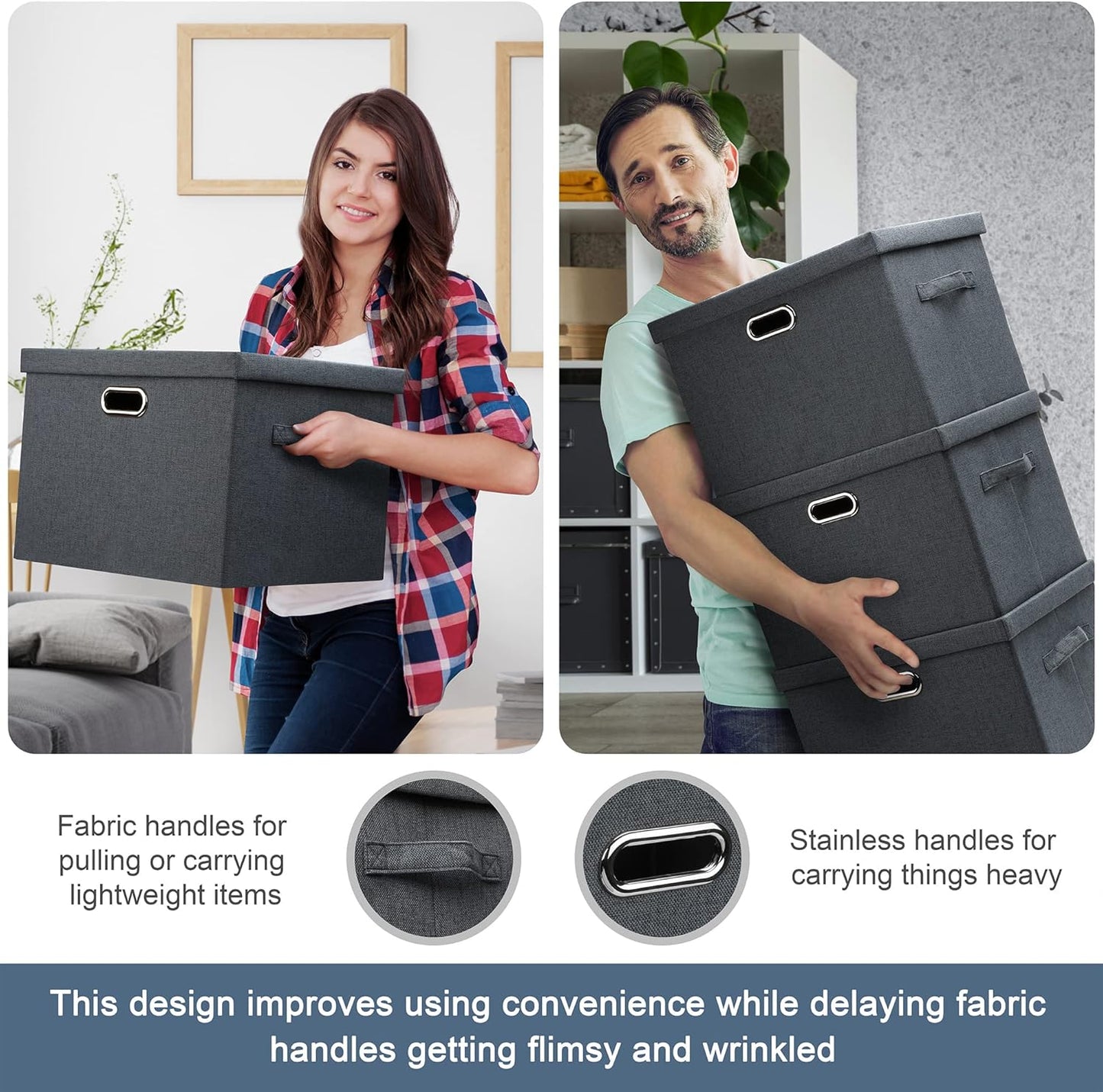 Large 17" 36 Quart Collapsible Stackable Storage Bins with Lids, 3 Packs Dark Gray Foldable Fabric Closet Storage Boxes with Lids, Heavy-duty Linen Cube Baskets(17x12x11)