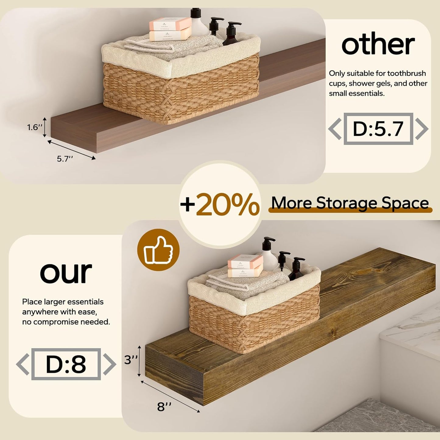 Floating Shelves 3 inch Thick for Wall Set of 2,Solid Pine Wood Wall Mount Shelf for Kitchen Living Room Bedroom Bathroom,8" D x 60" L x 3" H-Black Walnut