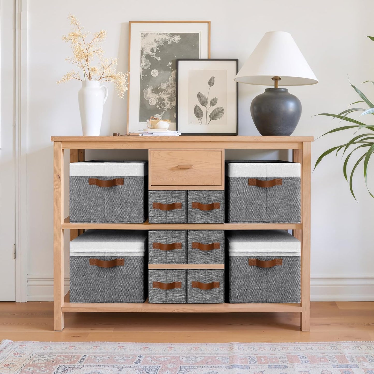 GRANNY SAYS Small Fabric Storage Bins with PU Handles, Storage Baskets for Shelves, Toilet Paper Storage, Narrow Baskets for Organizing DVD, Photos, Clothes, Diaper, Sock, Cd, 3-Pack, Gray