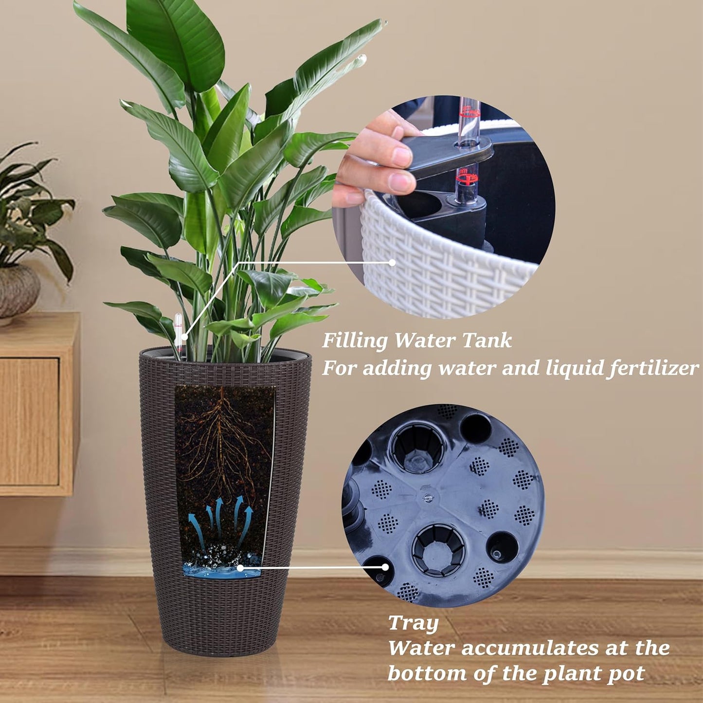 2Pack 22" High Modern Plant Pots Planter-Self-Watering Indoor/Outdoor Planting with Drain Holes, Water Level Monitor, Inner Bucket for Front Porch Patio, Brown Rattan Conical