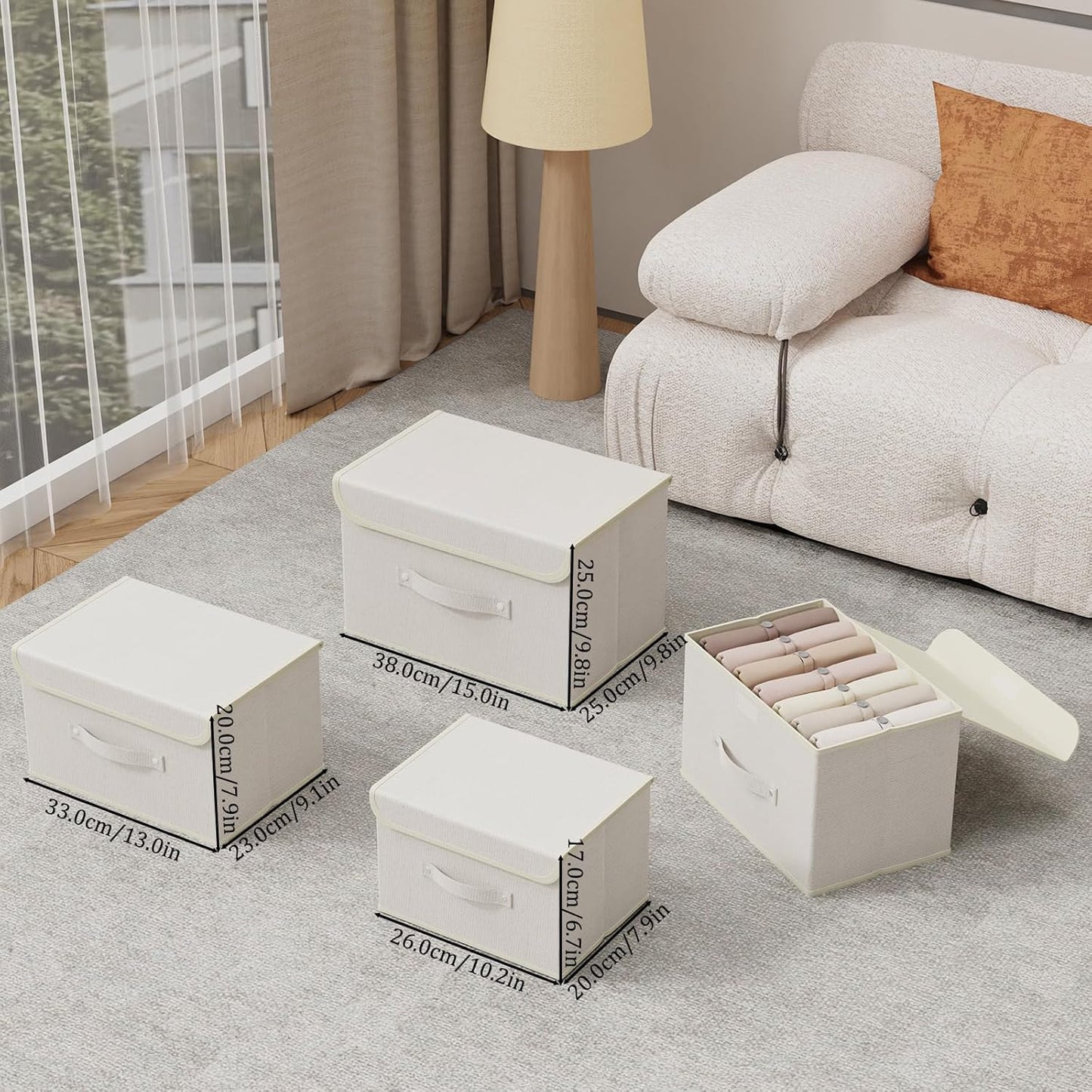 Storage Boxes, Collapsible Storage Bins with Lids, Cotton and linen cloth Storage Baskets with Handle, for Books, Closet, Bedroom, Home, 10.2x7.9x6.7 in, Beige